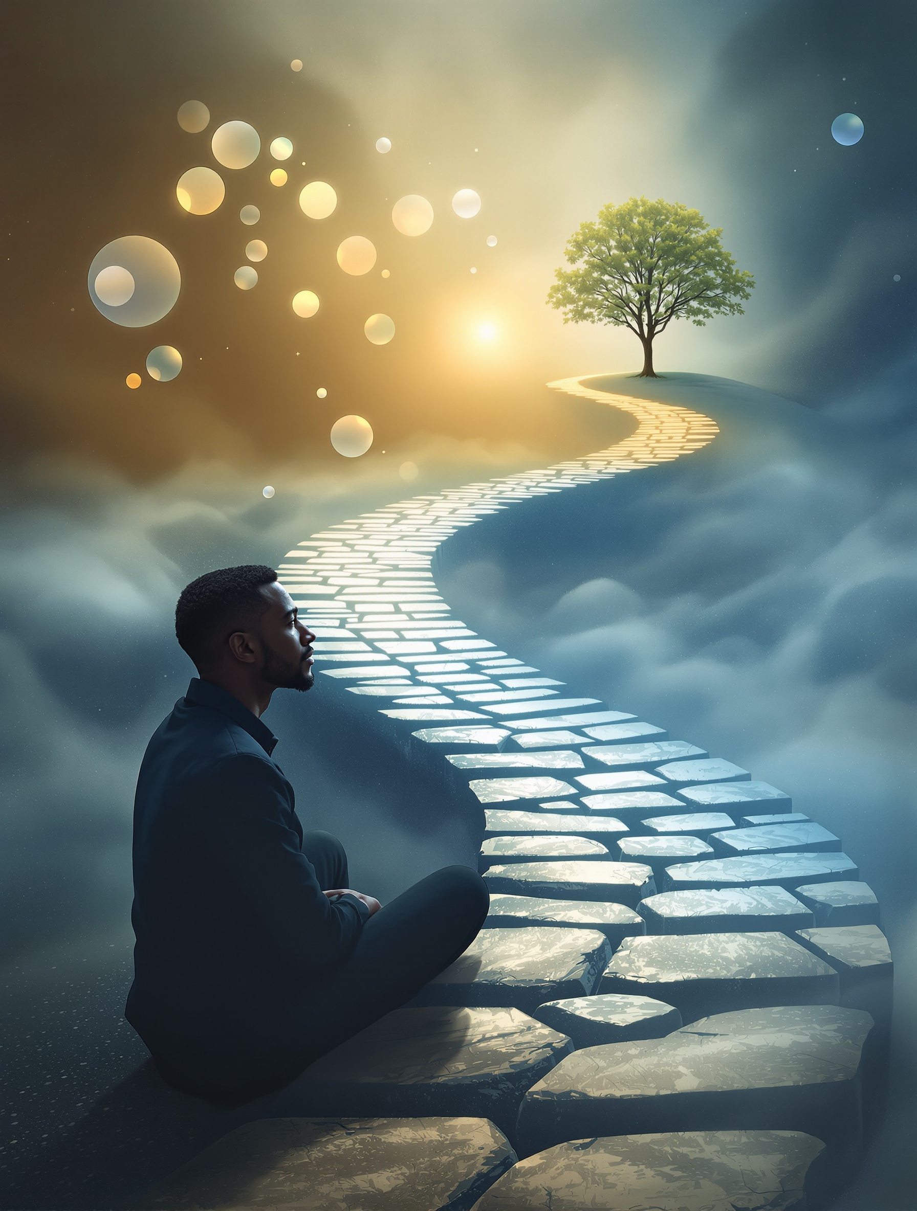 Représentation visuelle du cheminement intérieur d'un psychopraticien, symbolisant la connaissance de soi, la gestion des émotions et la résilience.