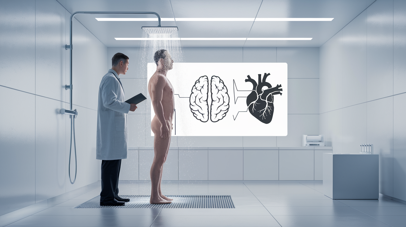 Illustration scientifique d'une étude sur la douche froide, chercheur et schémas cérébraux et cardiaques.