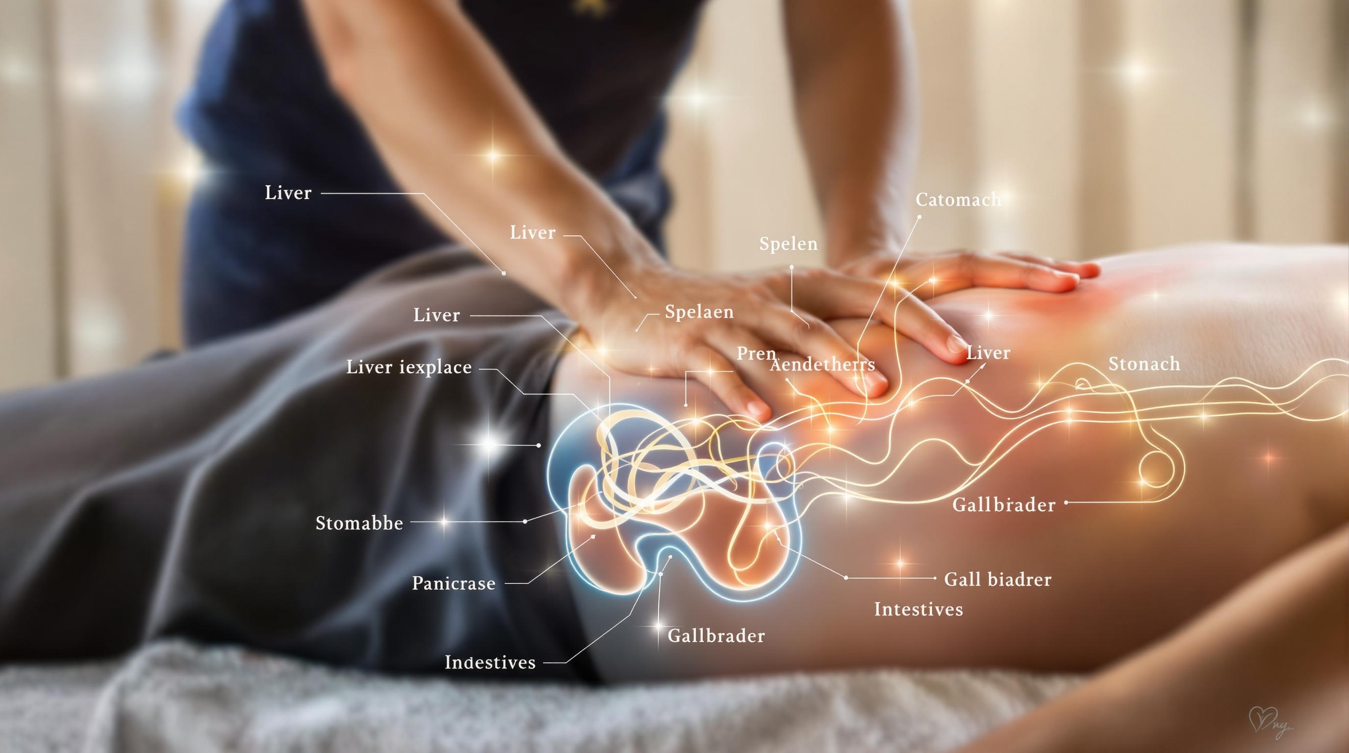 Massage abdominal énergique inspiré du Chi Nei Tsang montrant les organes internes et les flux d'énergie