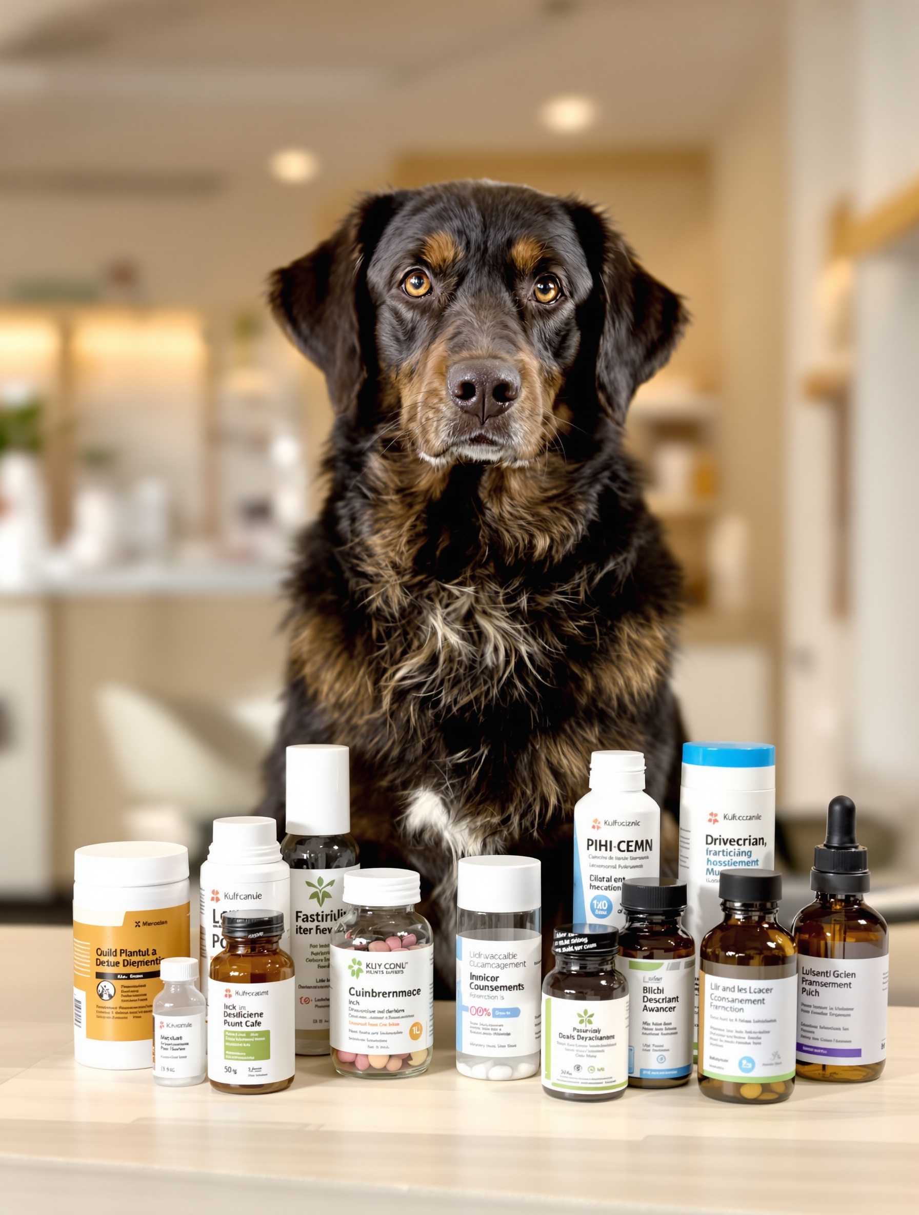Chien apaisé entouré de traitements complémentaires.