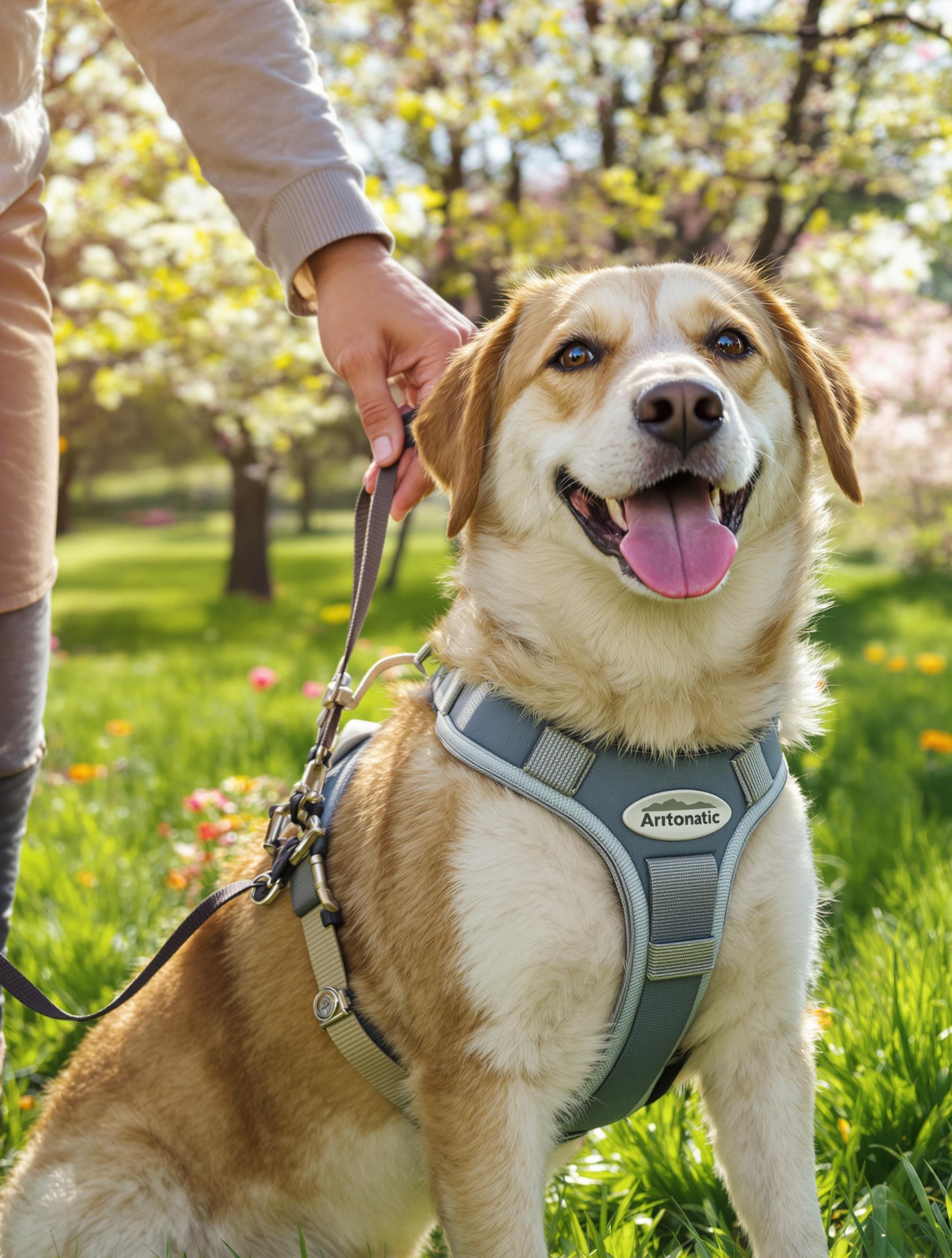 Chien en promenade avec un harnais, illustrant la complicité et la sérénité dans un parc baigné de lumière naturelle.
