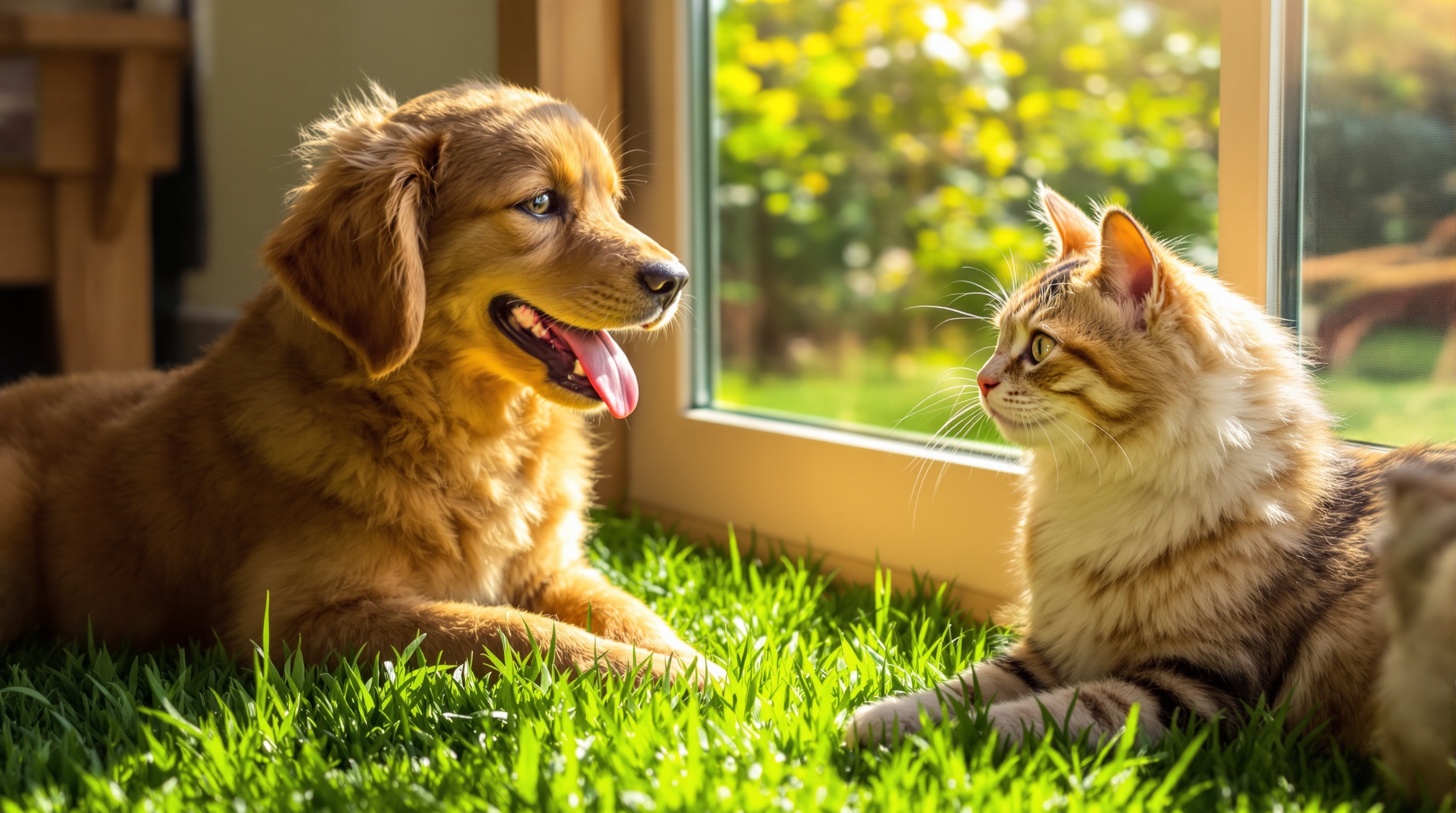 Un jeune chiot Golden Retriever plein de vie jouant dans l'herbe et un chat senior regardant par la fenêtre, illustrant l'importance de souscrire une assurance animale le plus tôt possible pour garantir une protection optimale tout au long de leur vie.