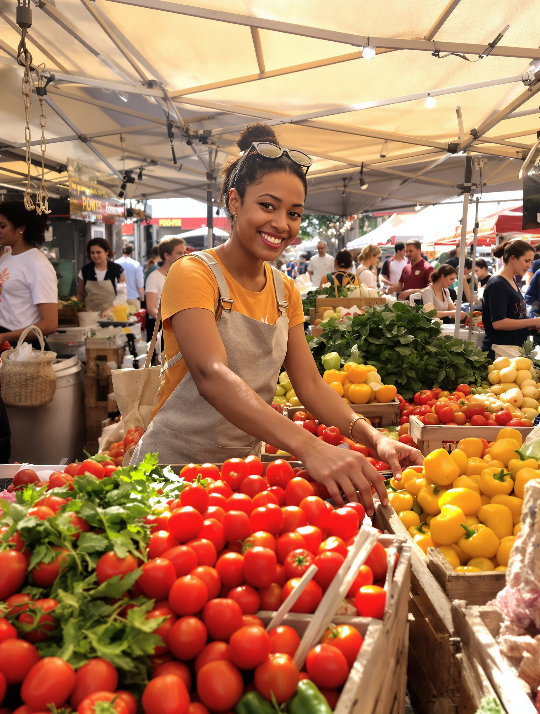 Personne choisissant des légumes frais sur un marché local, ambiance lumineuse et chaleureuse