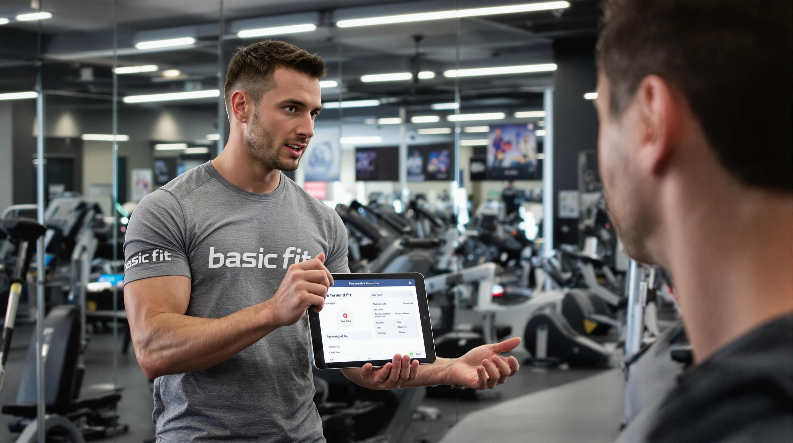 Coach Basic Fit montrant le suivi digitalisé sur tablette