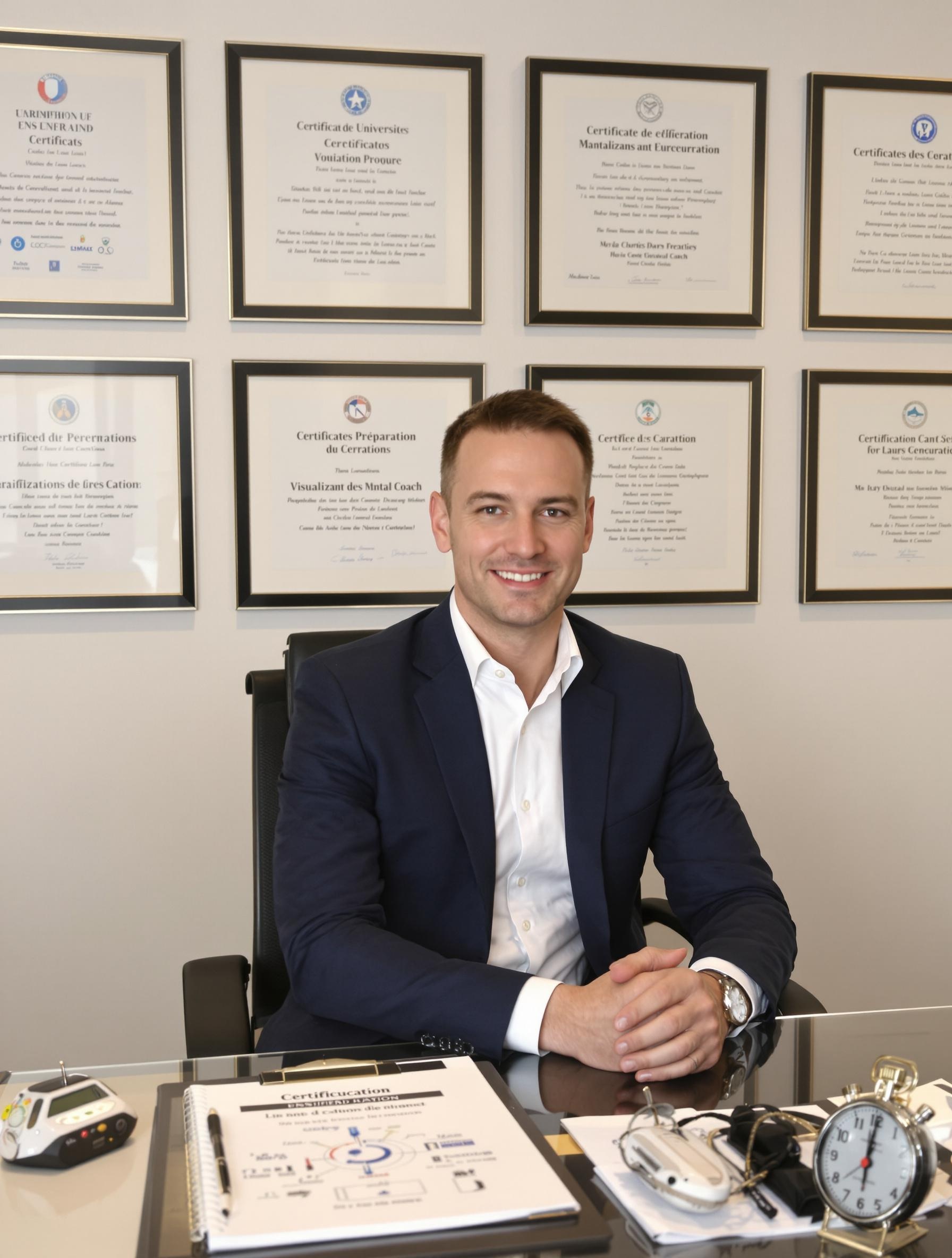 Coach mental sportif certifié entouré de diplômes