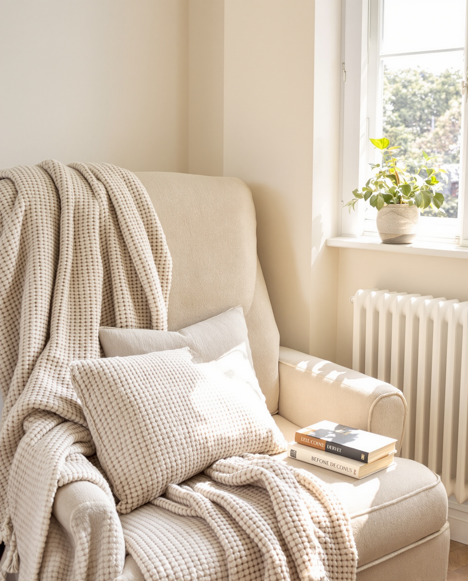Petit coin lecture cocooning lumineux fauteuil coussins laine ambiance apaisante appartement modeste