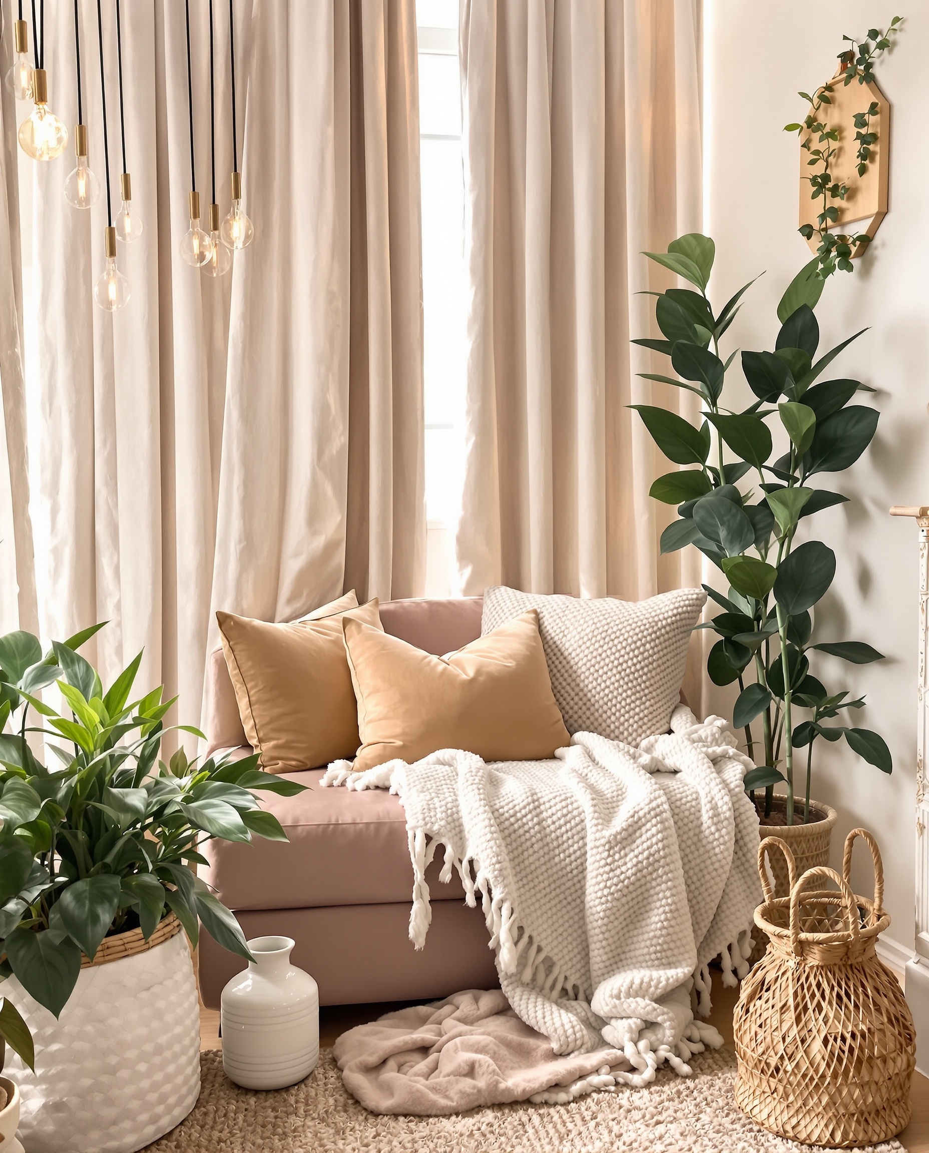 Coin lecture décoré coussins velours plaid laine plantes vertes objets personnels ambiance cocooning rotin lumière chaleureuse.