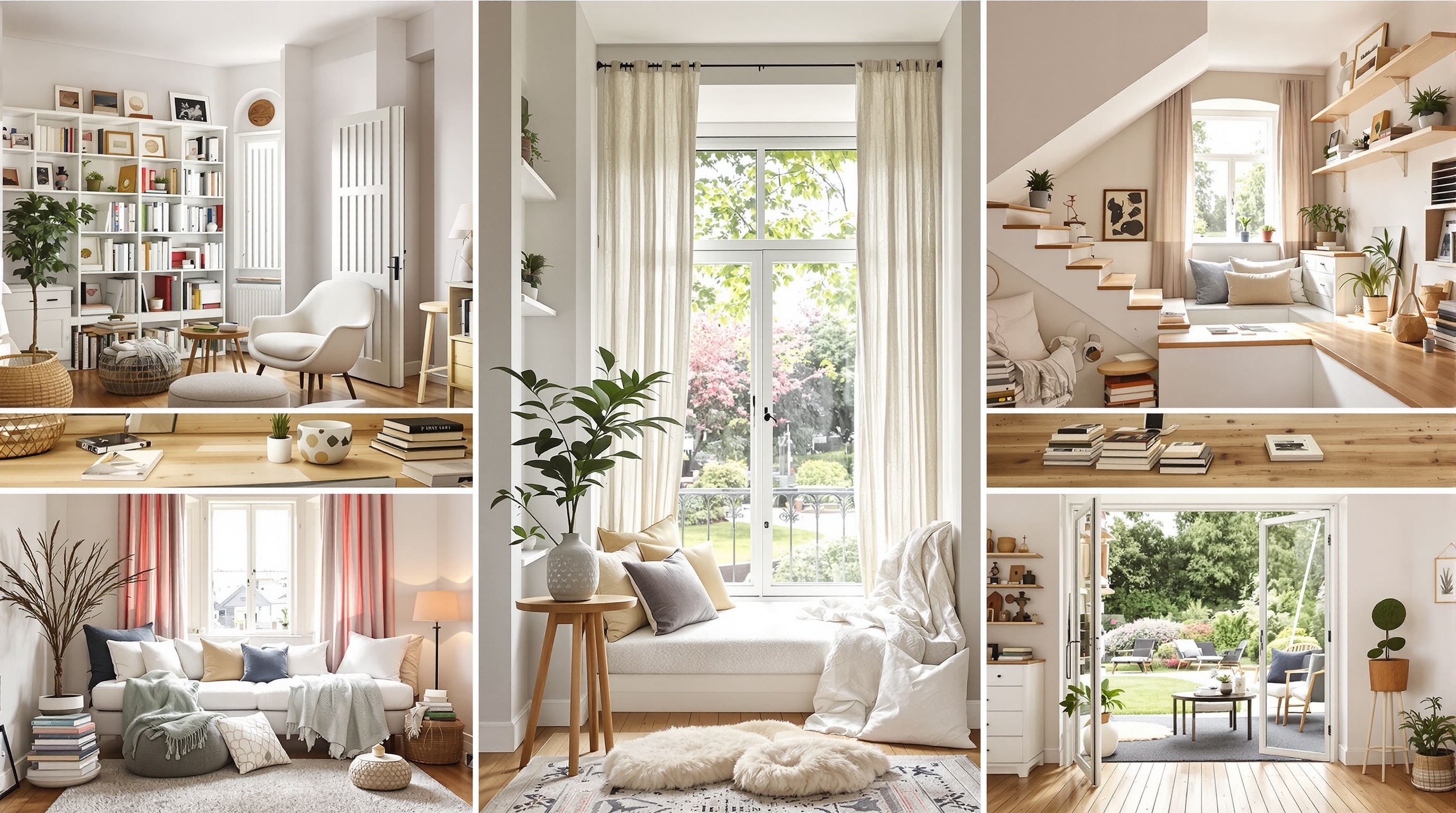 Exemples variés d'emplacements pour coin lecture dans appartement, maison, petit espace, alcôve sous escalier, coin fenêtre.