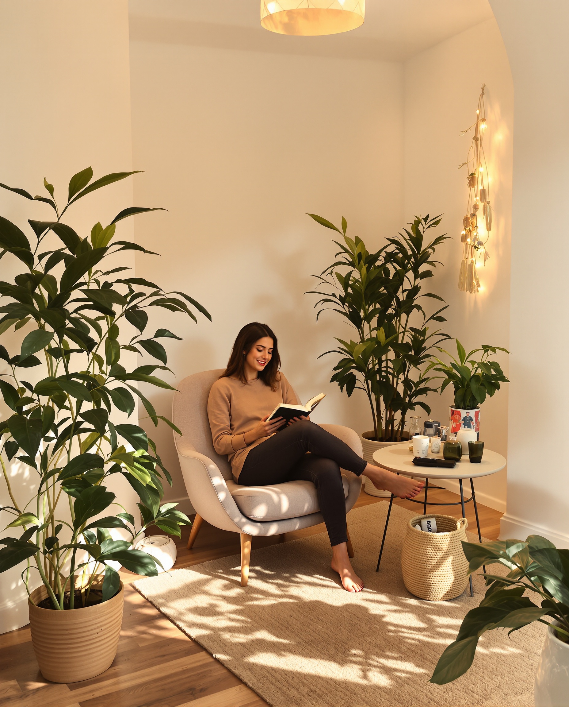 Coin lecture minimaliste chaleureux fauteuil confortable plante lumière douce petite table bien-être