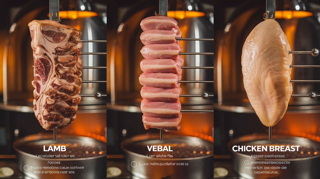 Comparaison broches de viandes kebab : mouton persillé, veau maigre, blanc de poulet sec.