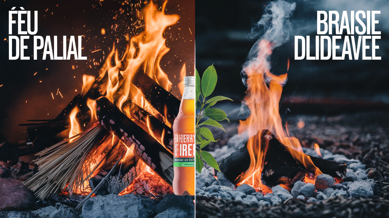 Comparaison entre un feu de paille et une braise durable, symbolisant l’énergie naturelle face aux boissons énergisantes.