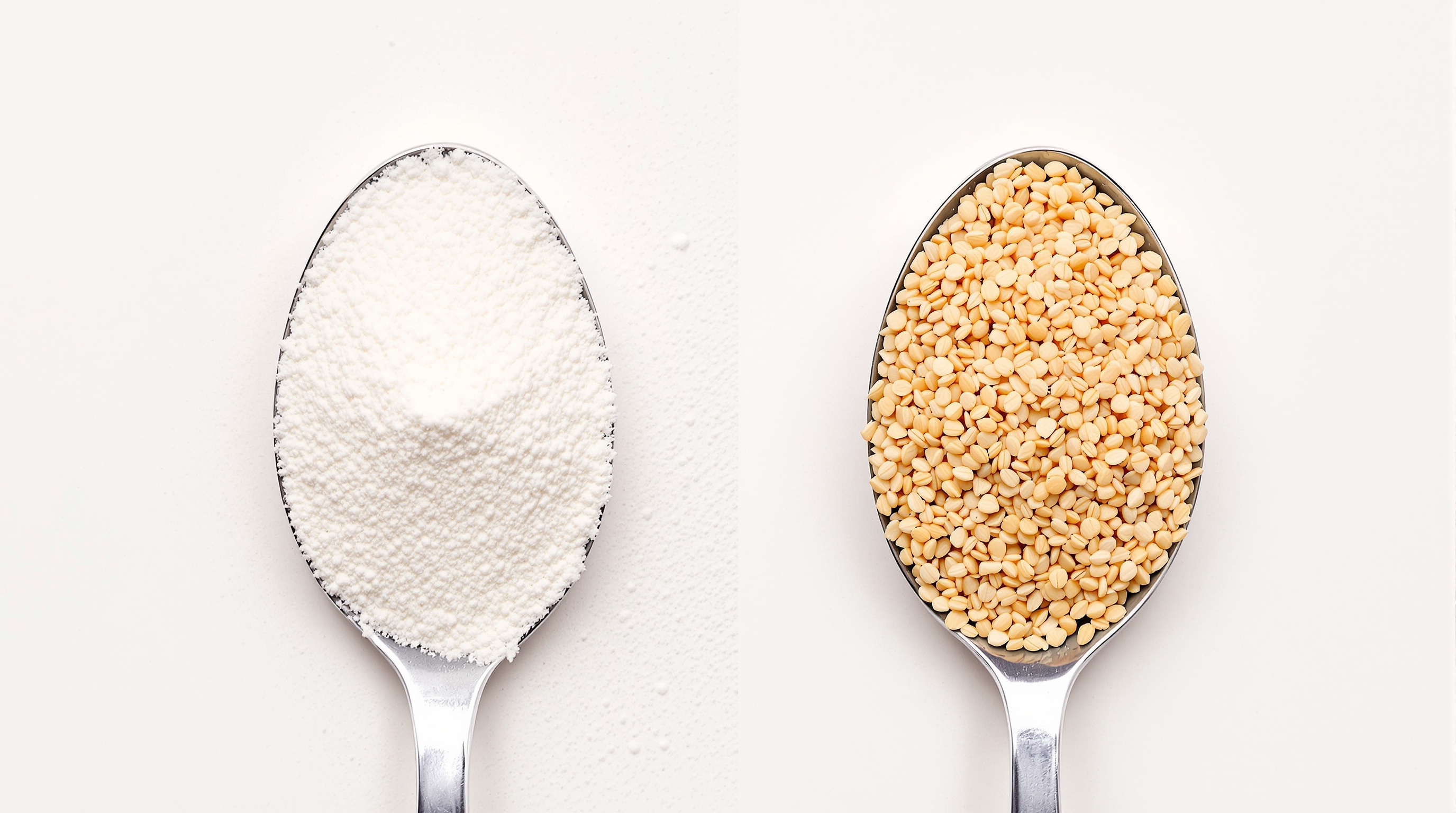 Comparatif visuel : cuillère d’Optifibre (poudre fine blanche) VS cuillère de psyllium blond (cosses visibles, granulées)
