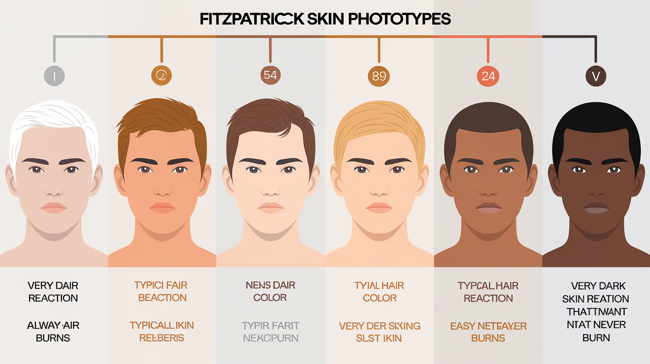 Tableau comparatif des 6 phototypes Fitzpatrick et réaction aux UV