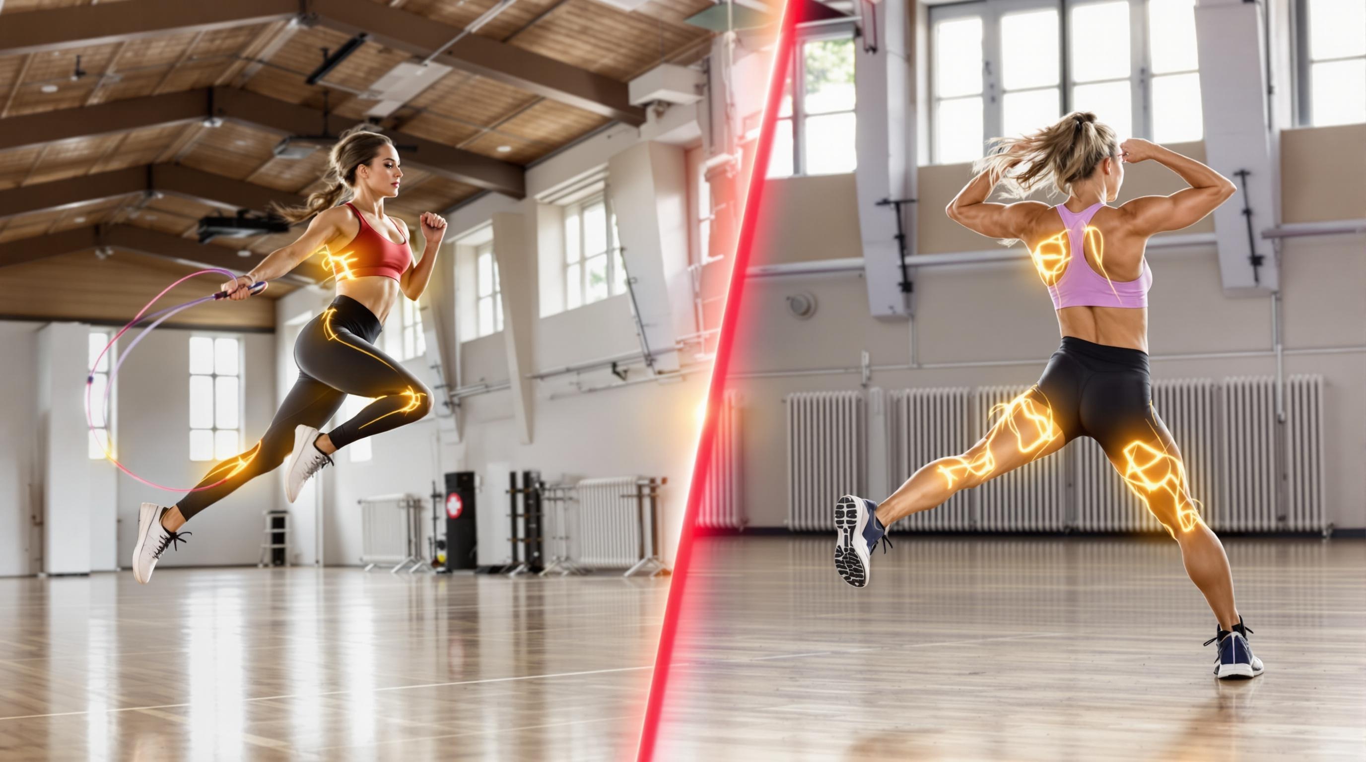 Comparaison visuelle saut à la corde et fente sautée, muscles jambes en surbrillance
