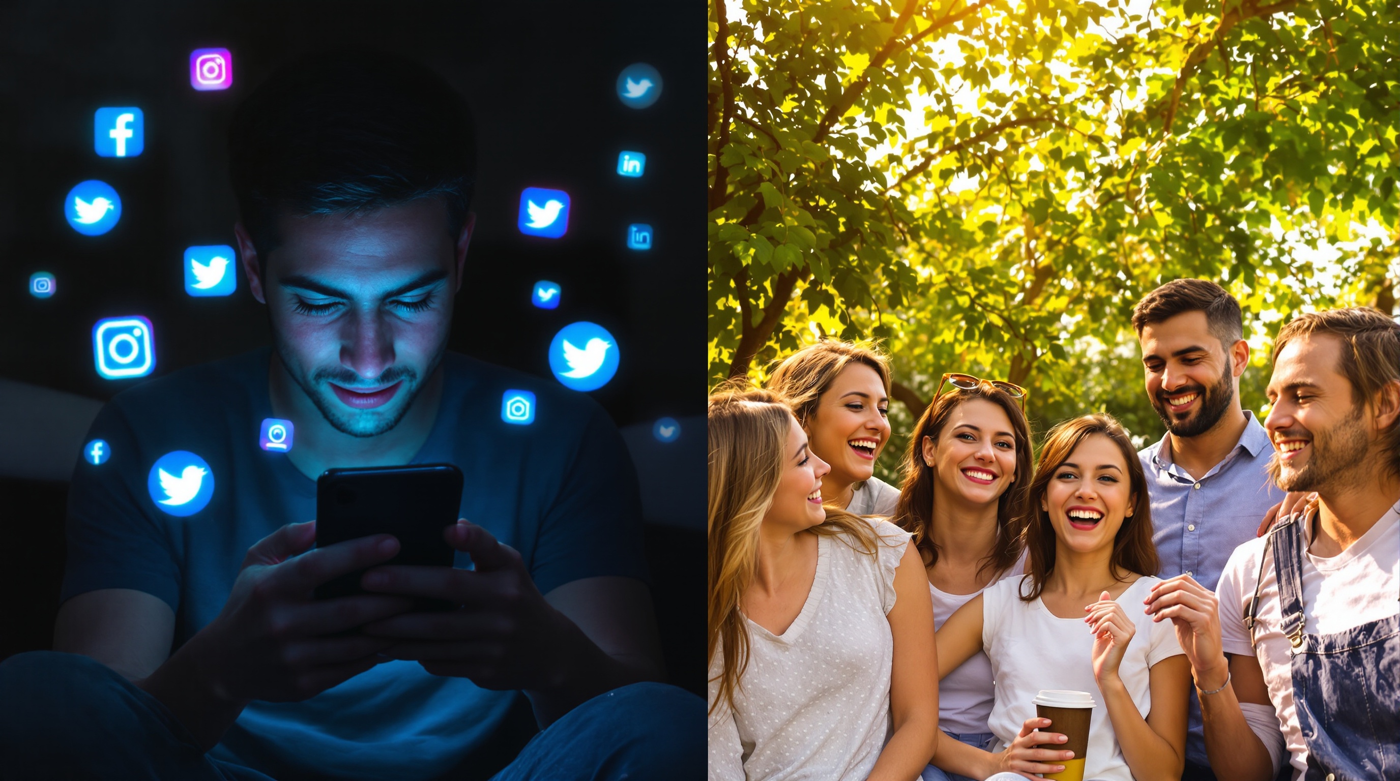 Comparaison visuelle entre une personne absorbée par son smartphone entourée d'icônes de réseaux sociaux et une autre personne interagissant chaleureusement avec ses proches dans un environnement naturel.