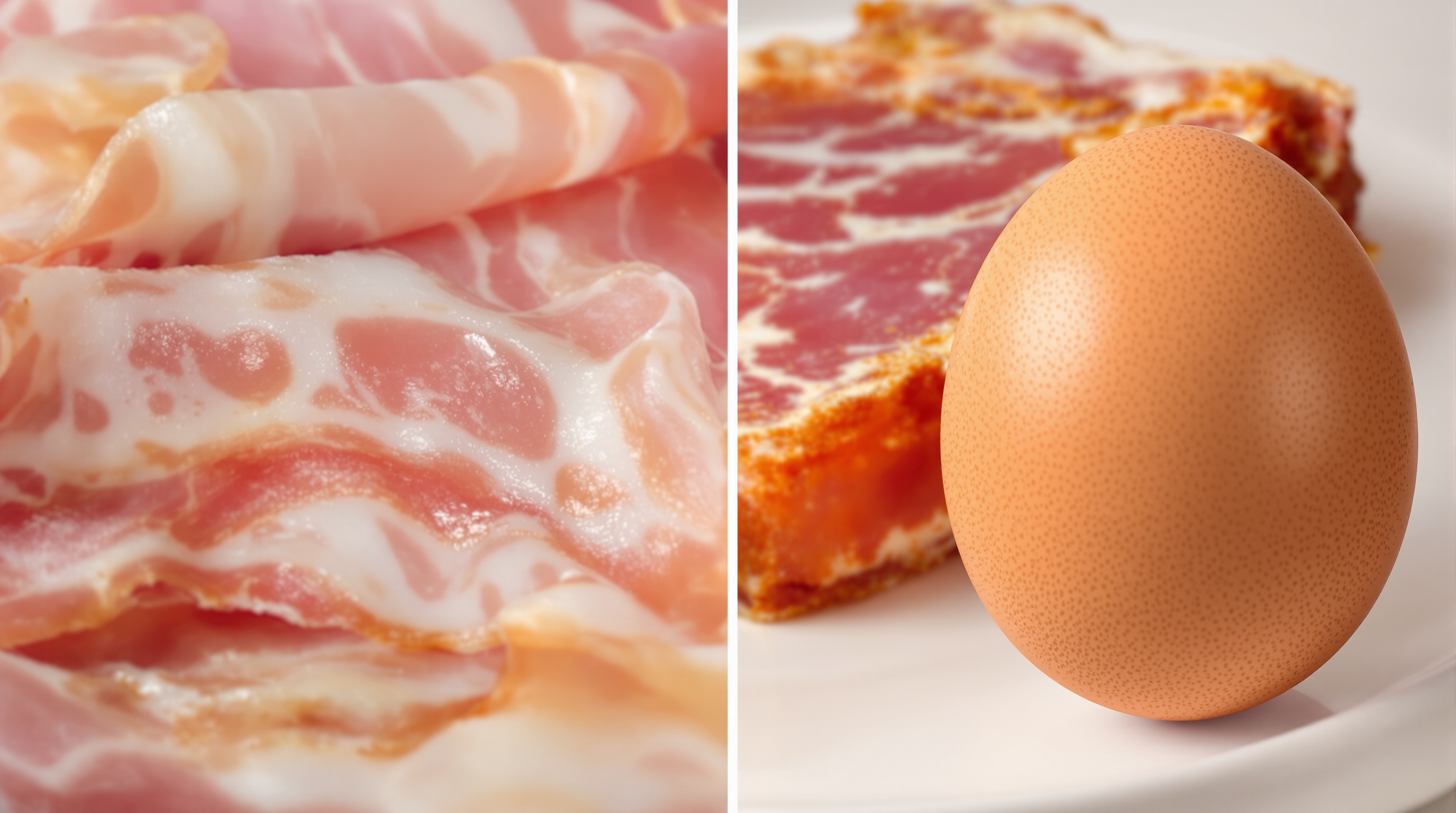 Comparaison aliments basse qualité (œuf pâle, jambon industriel) vs qualité supérieure (œuf fermier, jambon cru artisanal)