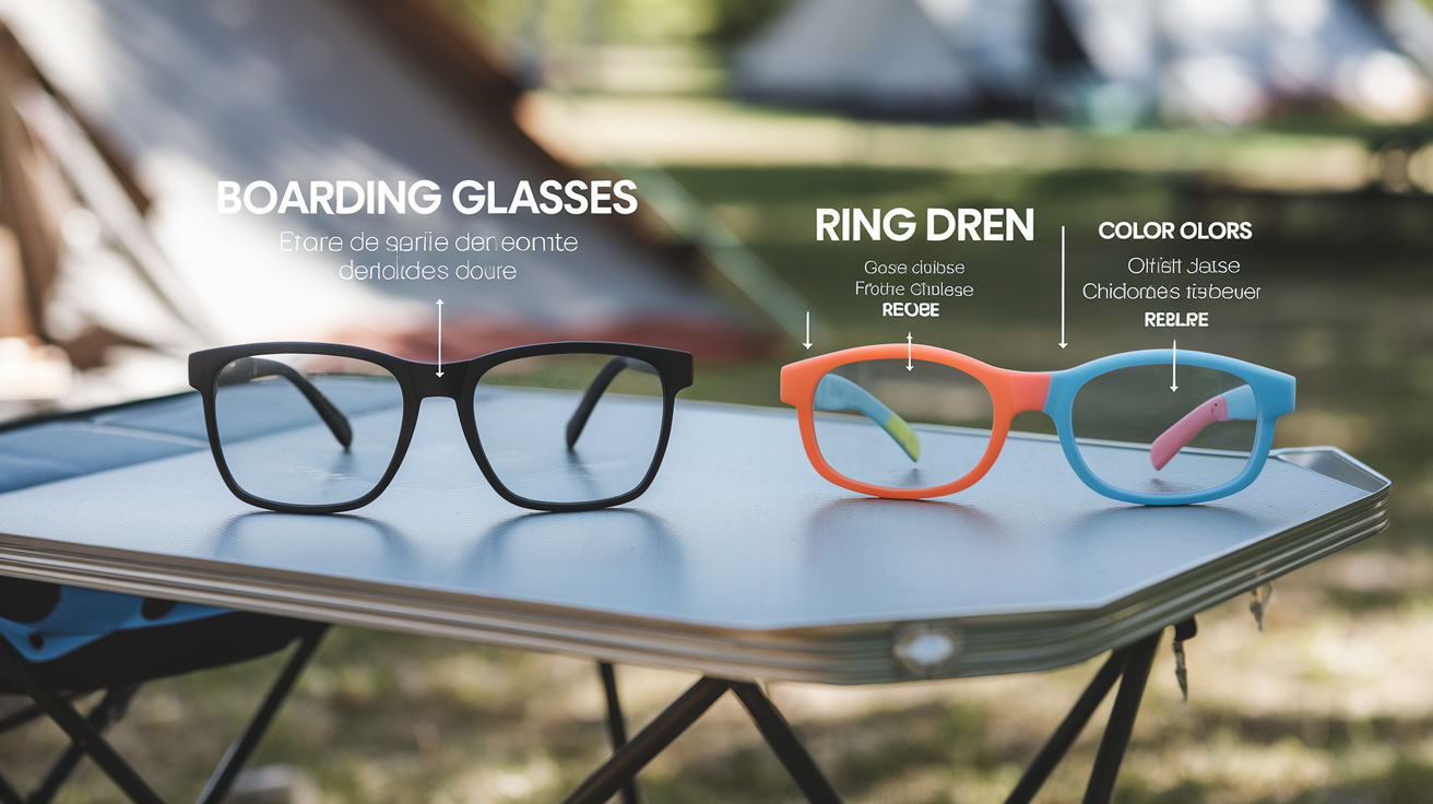 Comparatif visuel Boarding Glasses adulte et Ringo enfant posées côte-à-côte sur une table de camping, avec indication des tailles et coloris.