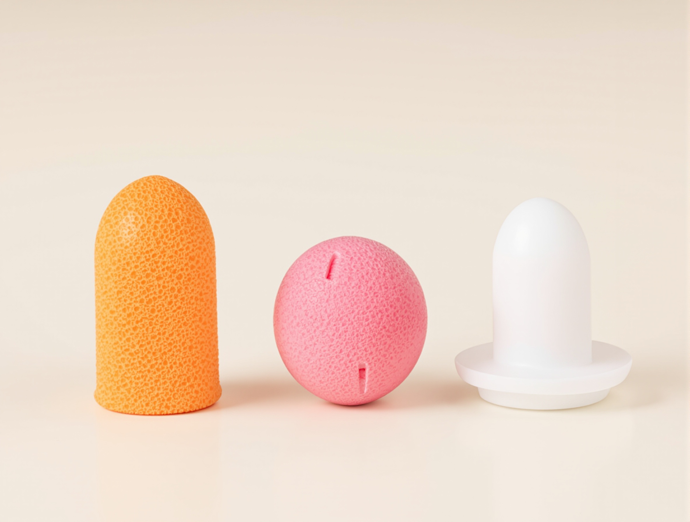 Trois types de bouchons d'oreilles côte à côte : mousse orange, boule de cire rose Quies, silicone blanc à ailettes Alpine.
