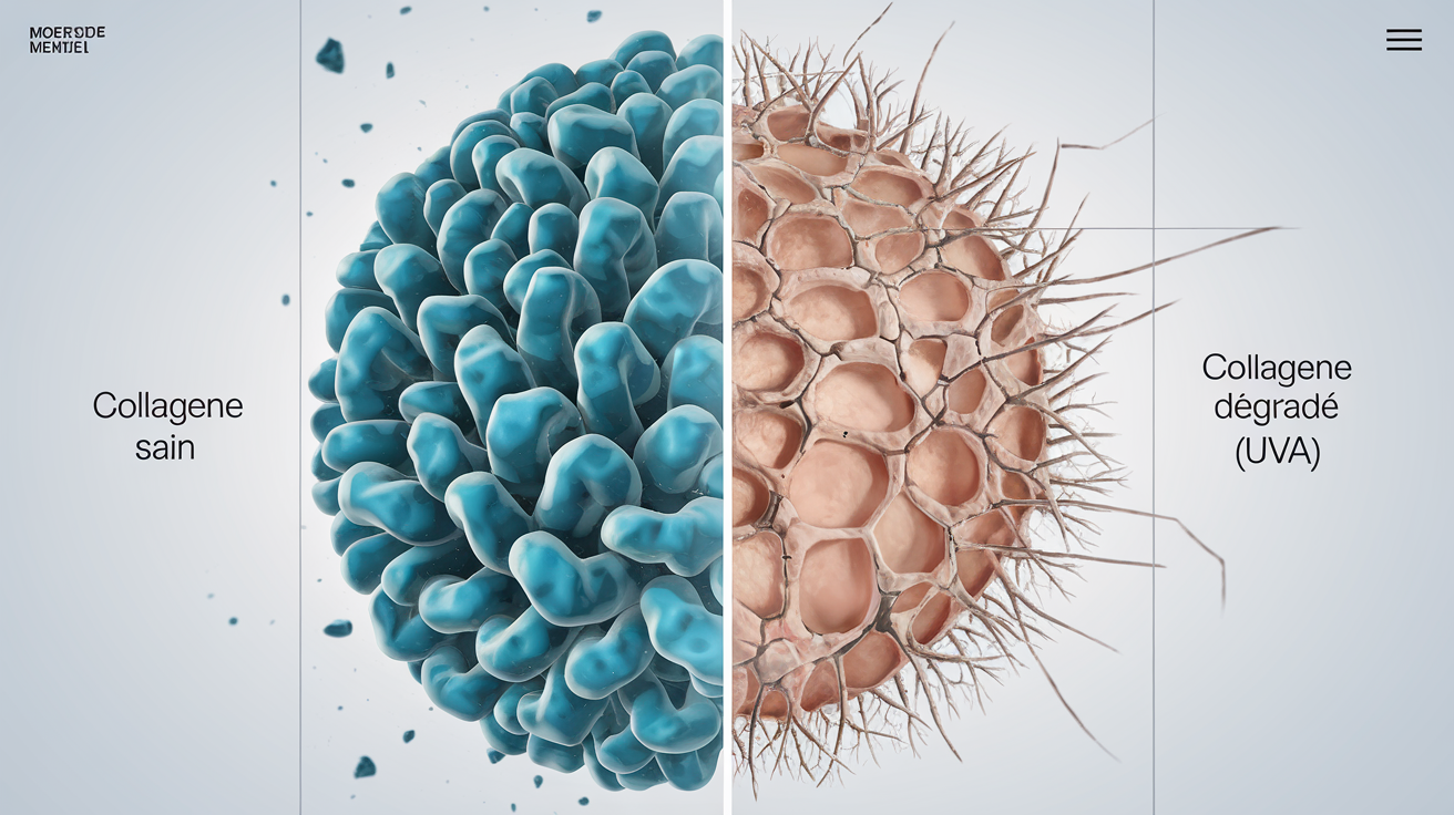 Comparaison structure collagène saine vs collagène dégradé après UVA