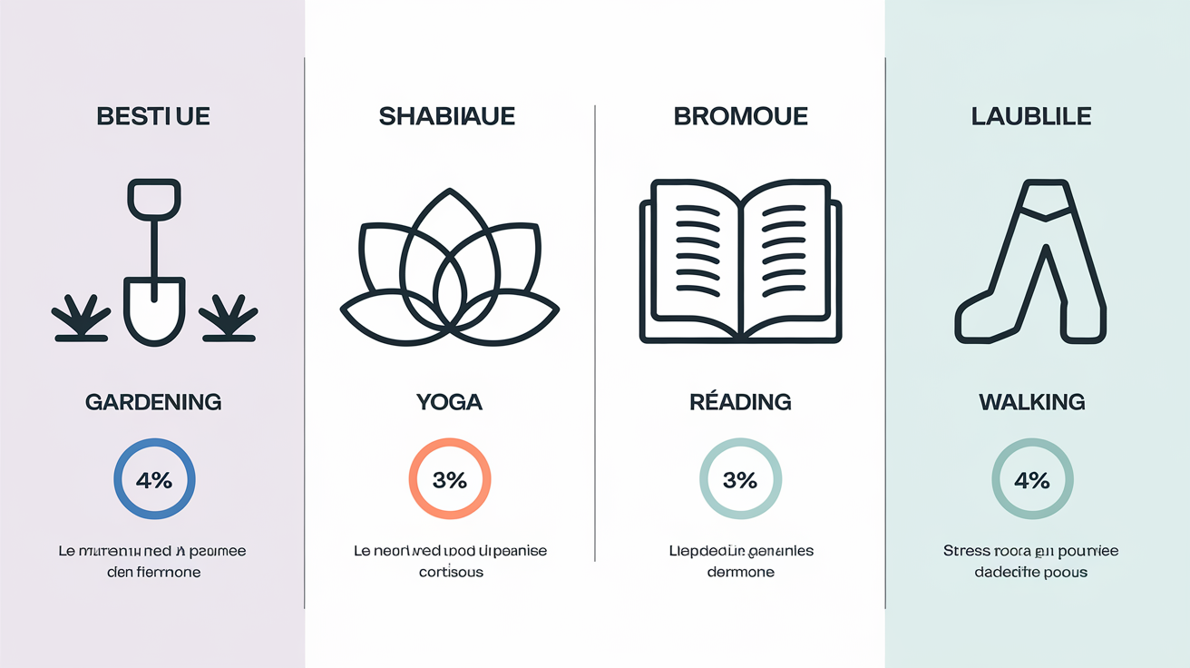 Tableau comparatif chute du cortisol jardinage, yoga, lecture, marche