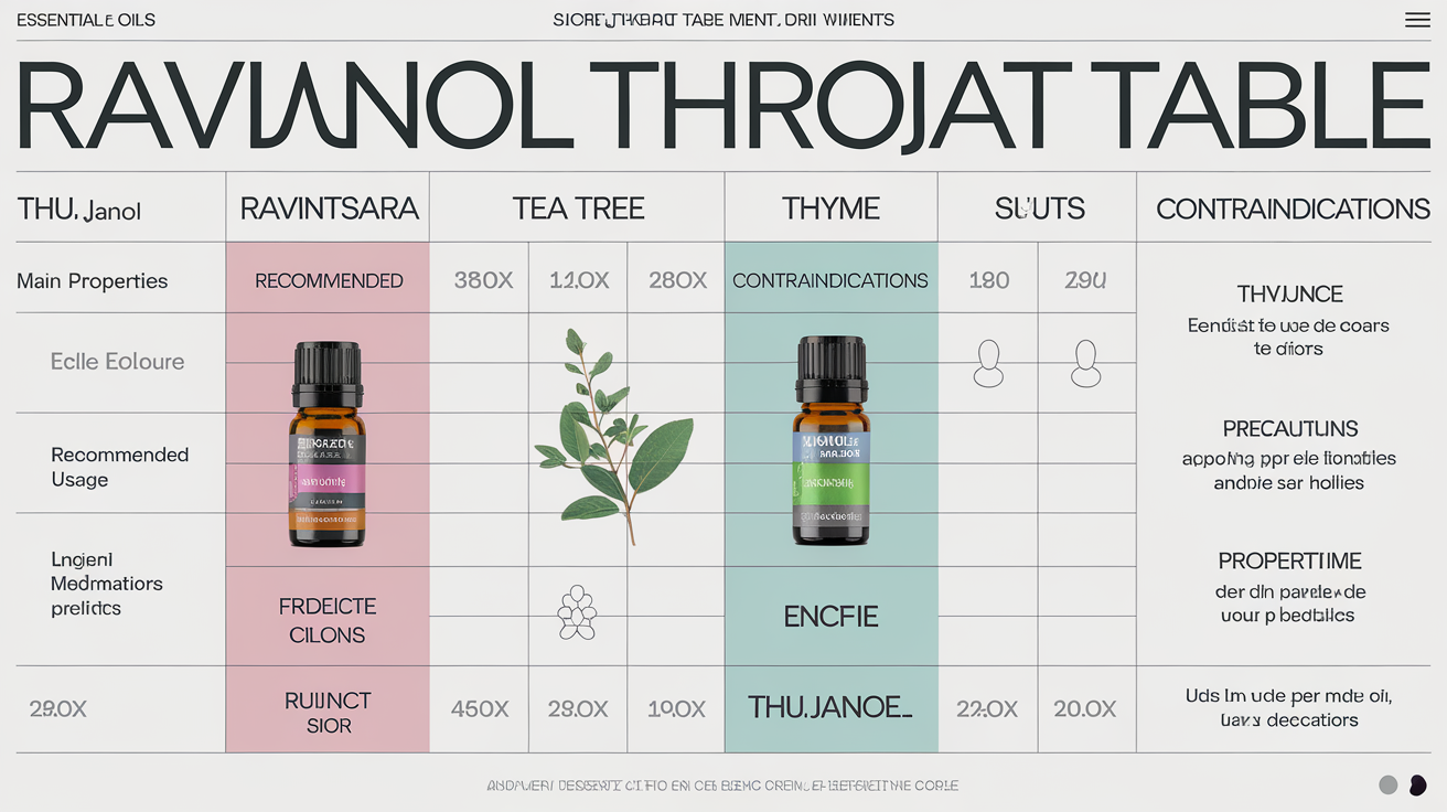 Comparatif huiles essentielles angine Ravintsara Tea Tree Thym Thujanol usages précautions