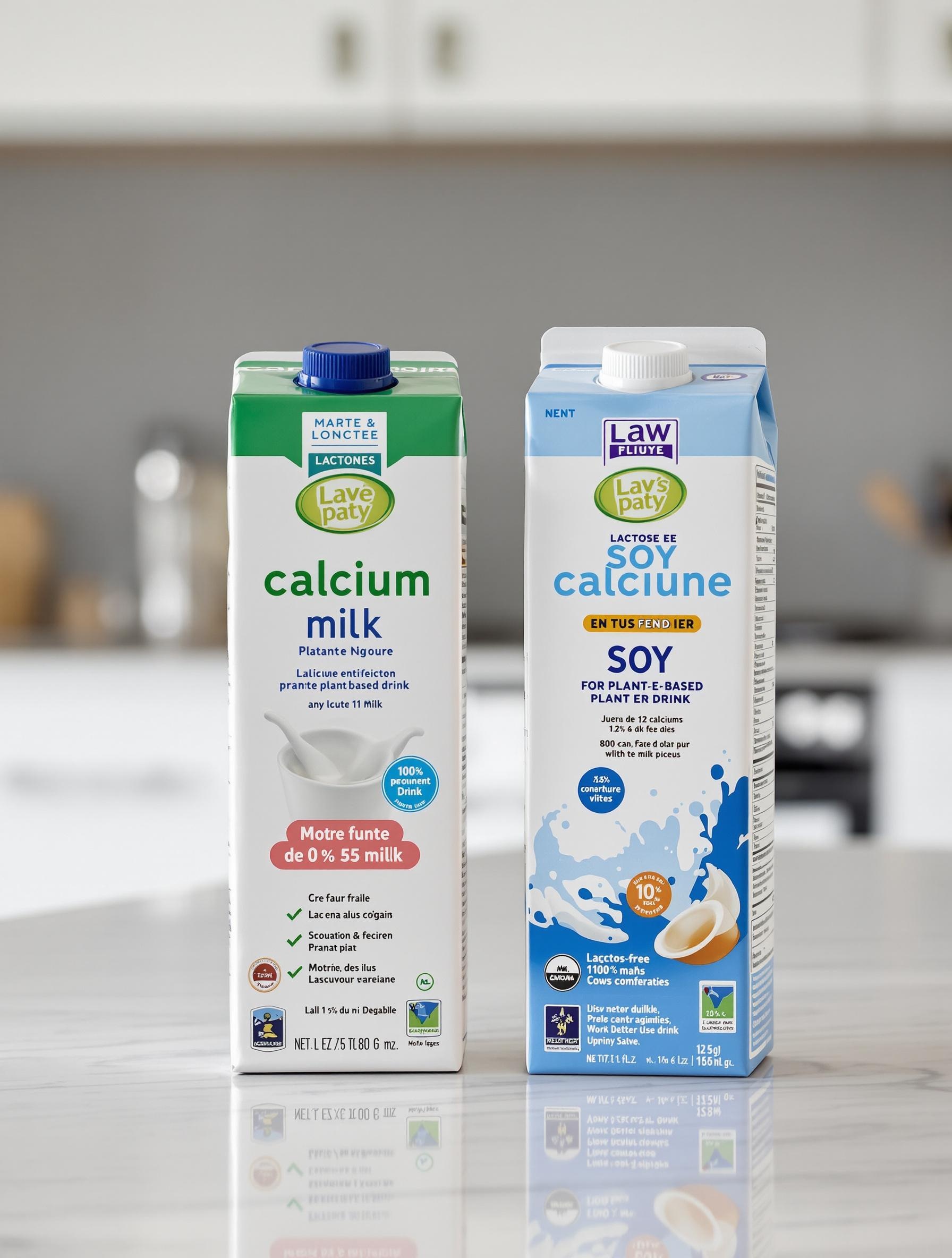 Comparatif entre lait délactosé et boisson végétale enrichie en calcium.