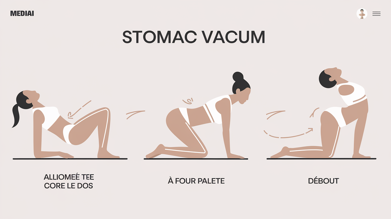 Illustration des positions allongé, à quatre pattes et debout pour pratiquer le stomach vacuum.