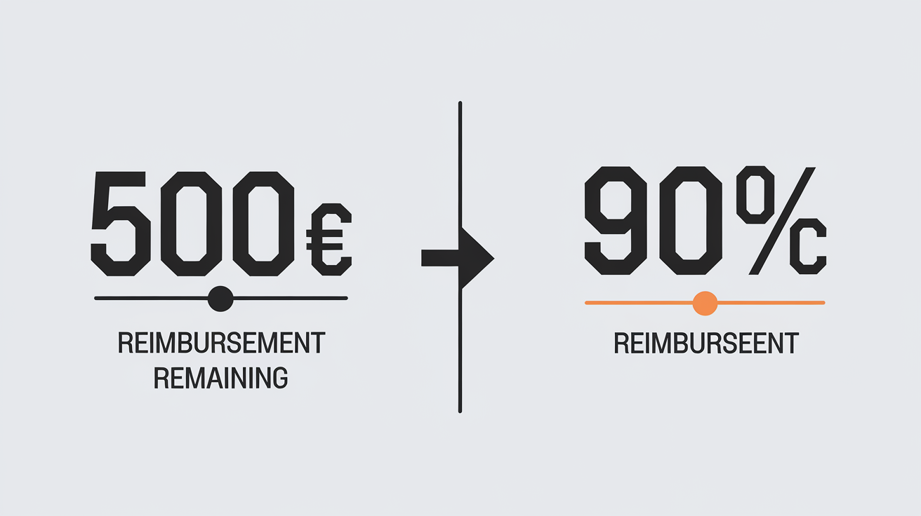 Visuel comparatif illustrant à gauche un reste à charge important avec un taux de remboursement à 60% sur une facture vétérinaire de 500€, et à droite un reste à charge minime avec un taux de remboursement à 90%.