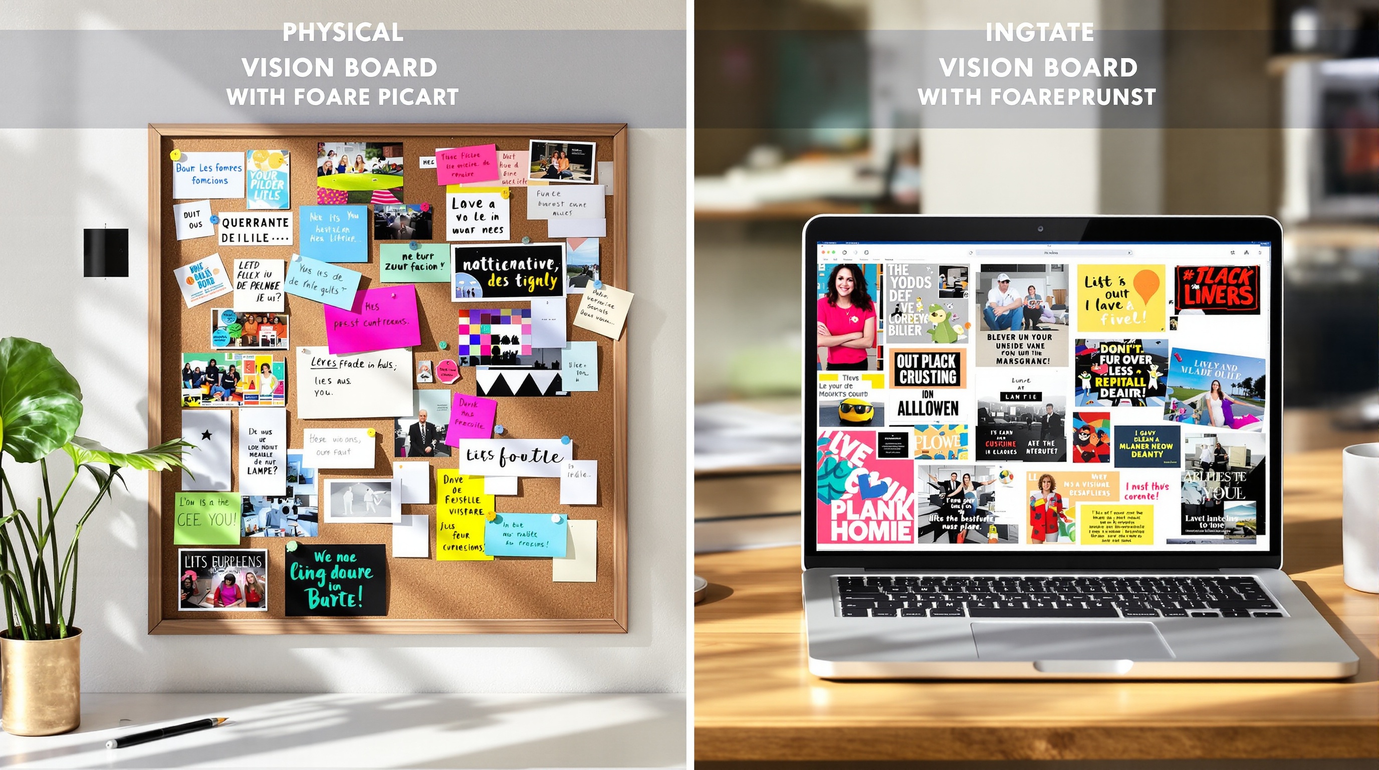 Comparatif tableau en liège physique et tableau digital créé avec Canva