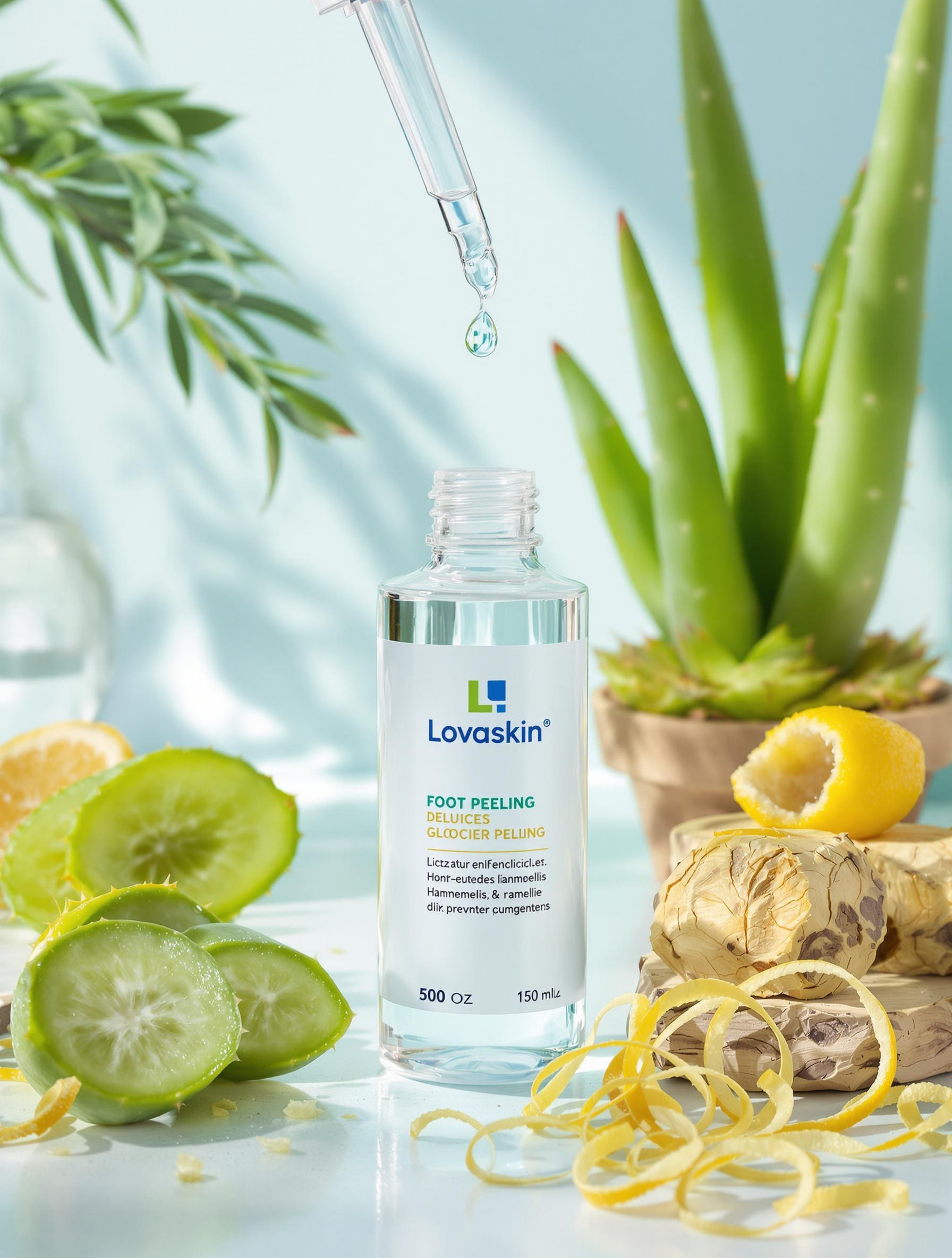 Composition du peeling pieds Lovaskin, eau de glacier, aloé vera, cactus, hamamélis et citron.