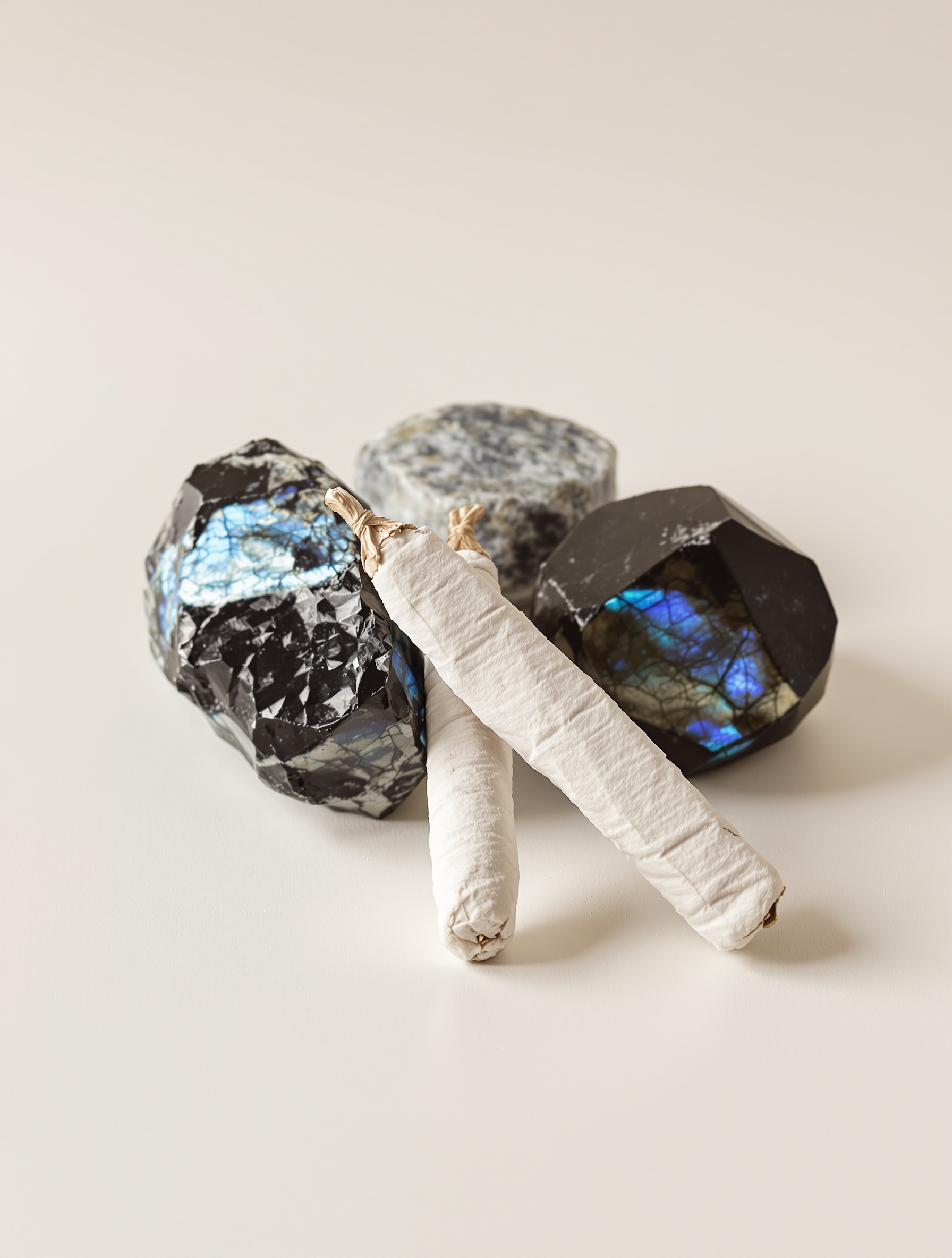 outils purification : sauge blanche fumante tourmaline noire labradorite polie
