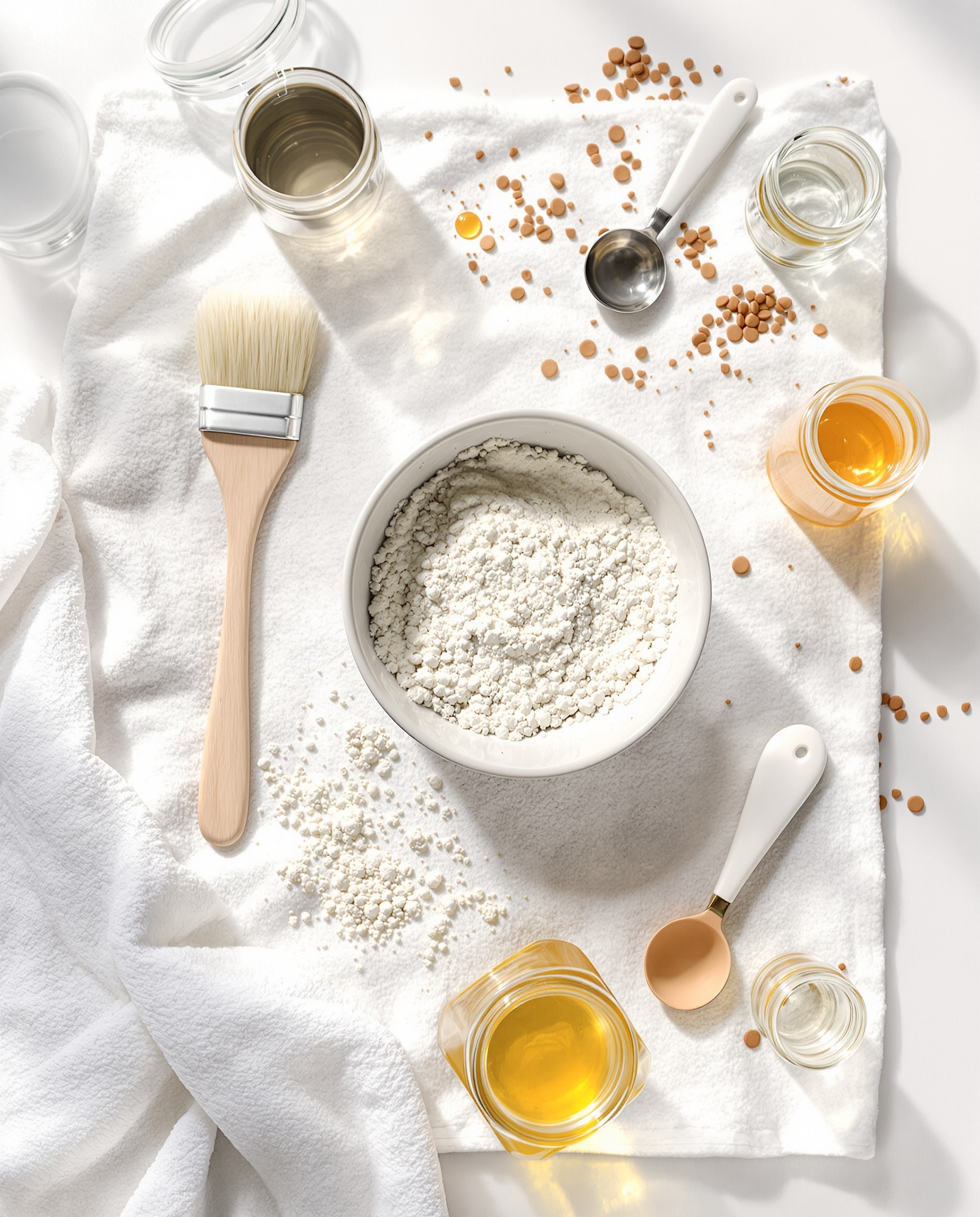 Ustensiles pour préparation masque visage maison : bol, spatule, pinceau, cuillères doseuses, ingrédients naturels disposés sur une serviette blanche.