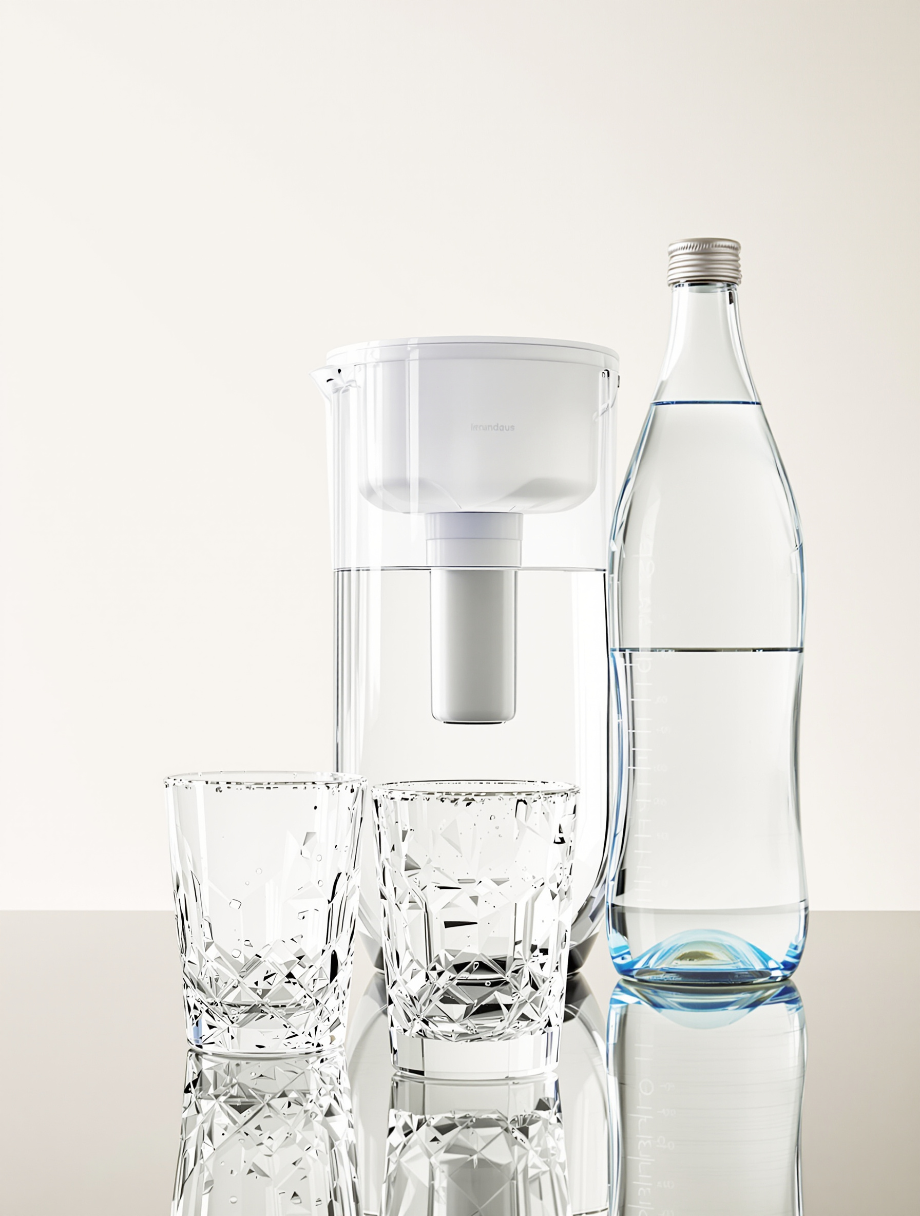Verre d'eau pure à côté d'une carafe filtrante et d'une bouteille d'eau minérale pour illustrer le choix varié des eaux à consommer.