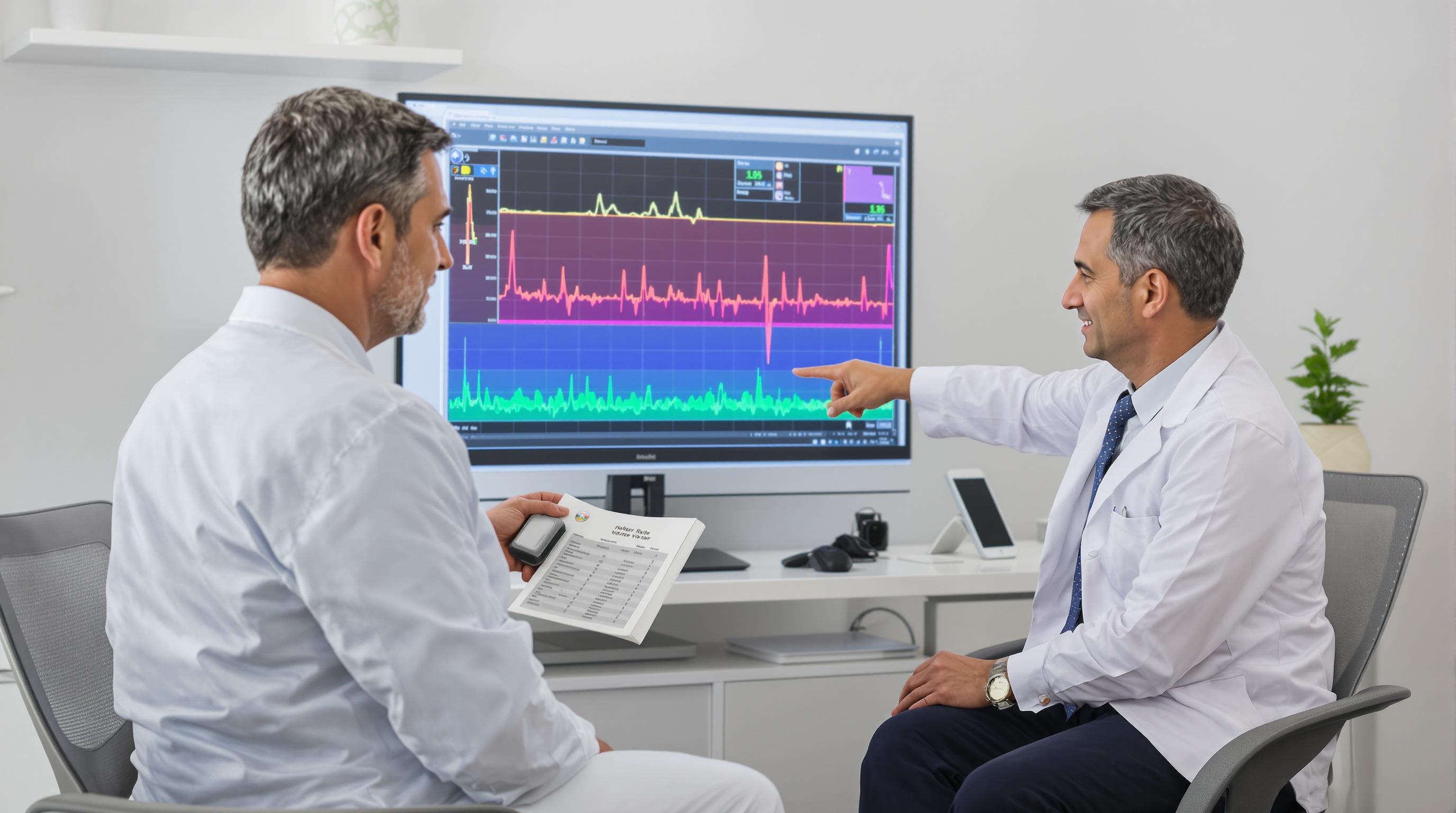Consultation Holter ECG entre un patient et un médecin, avec discussion sur la variabilité de fréquence cardiaque