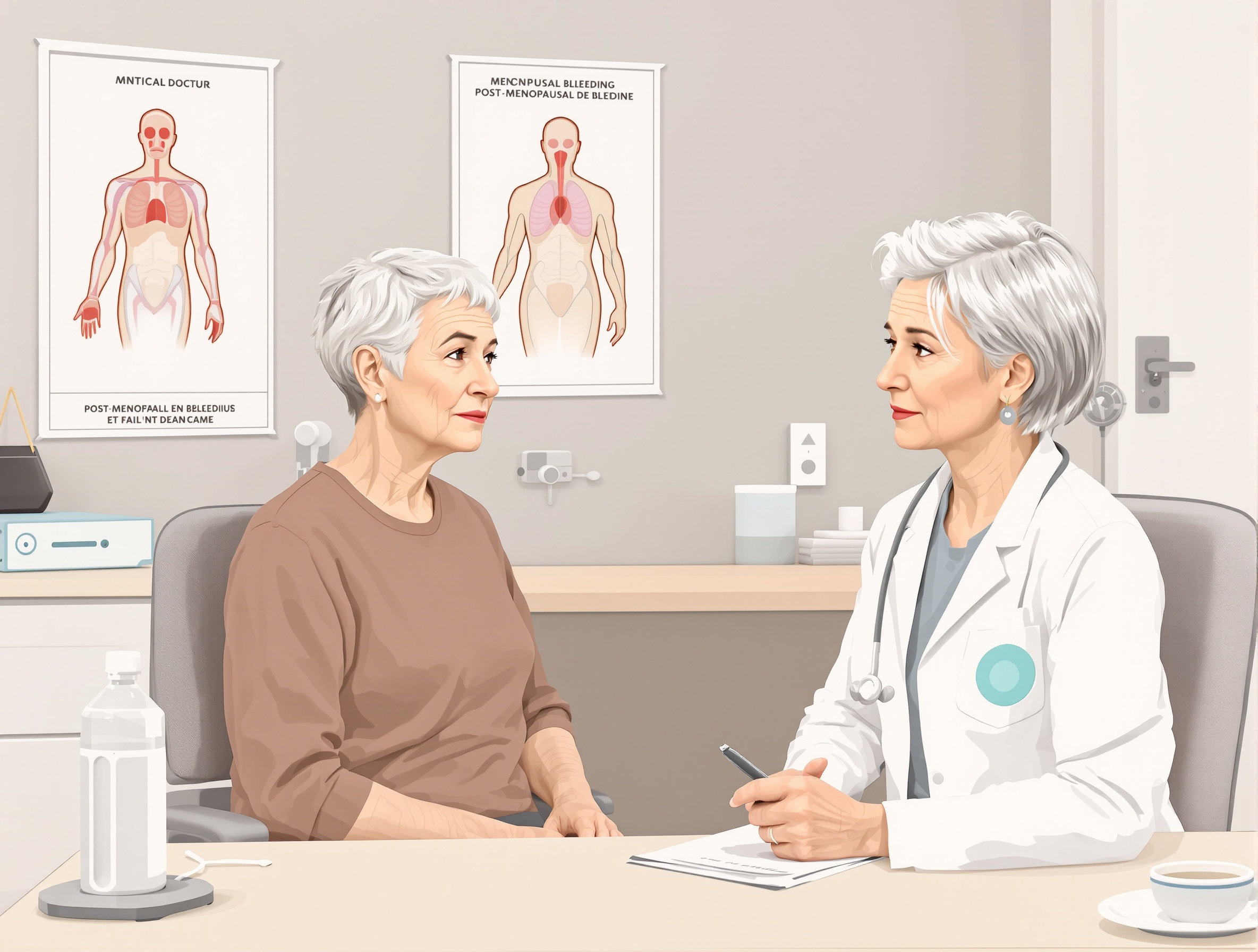 Consultation médicale femme ménopausée saignement post-ménopause