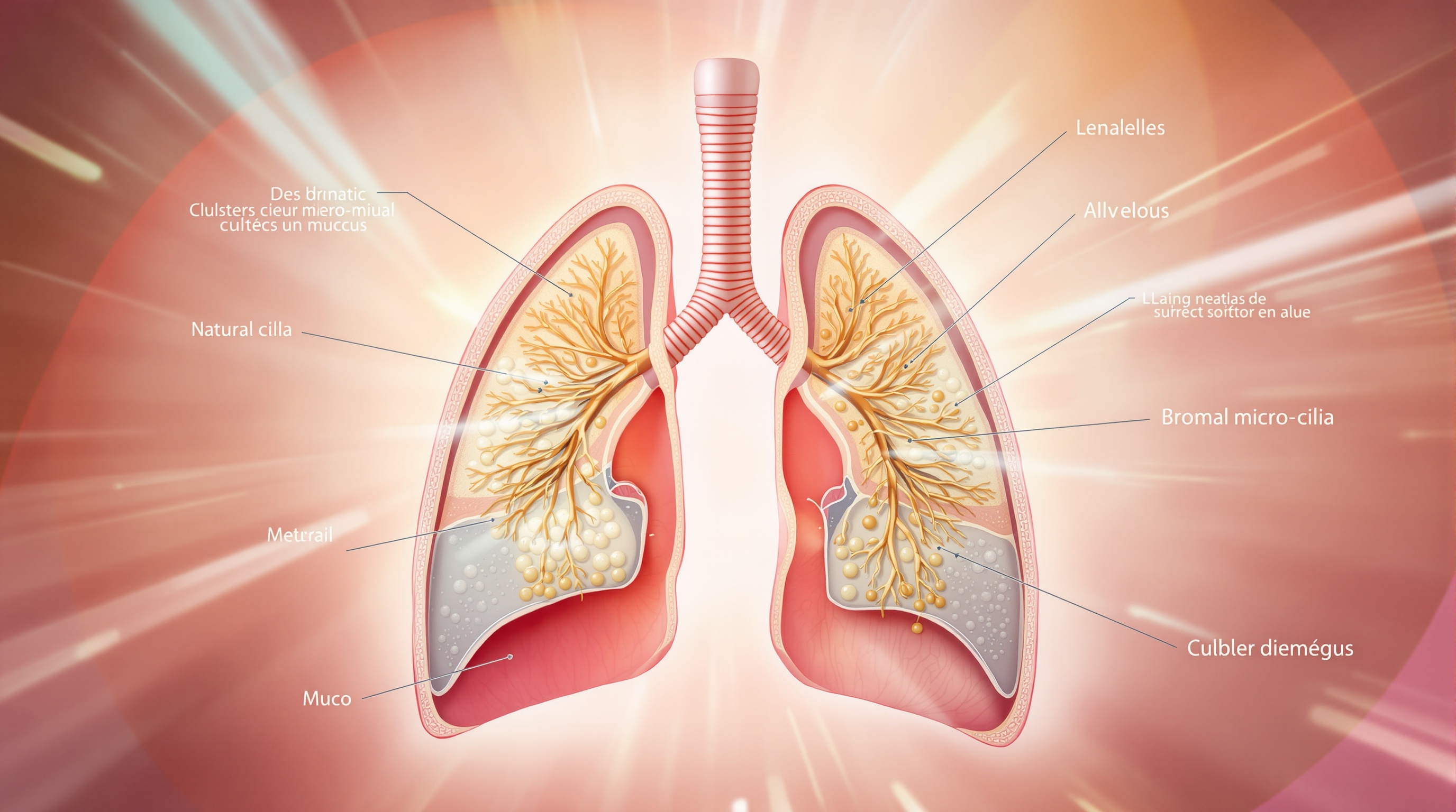 Coupe microscopique pulmonaire montrant micro-cils et mucosités