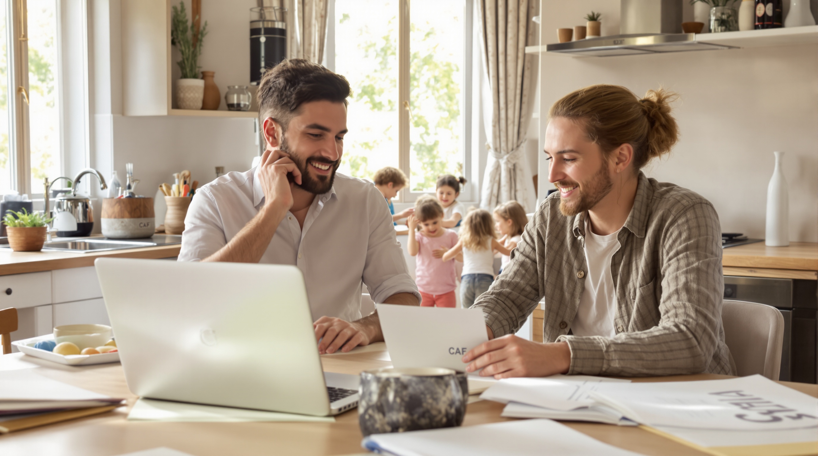 Couple qui vérifie ses droits PreParE CAF pour leur troisième enfant