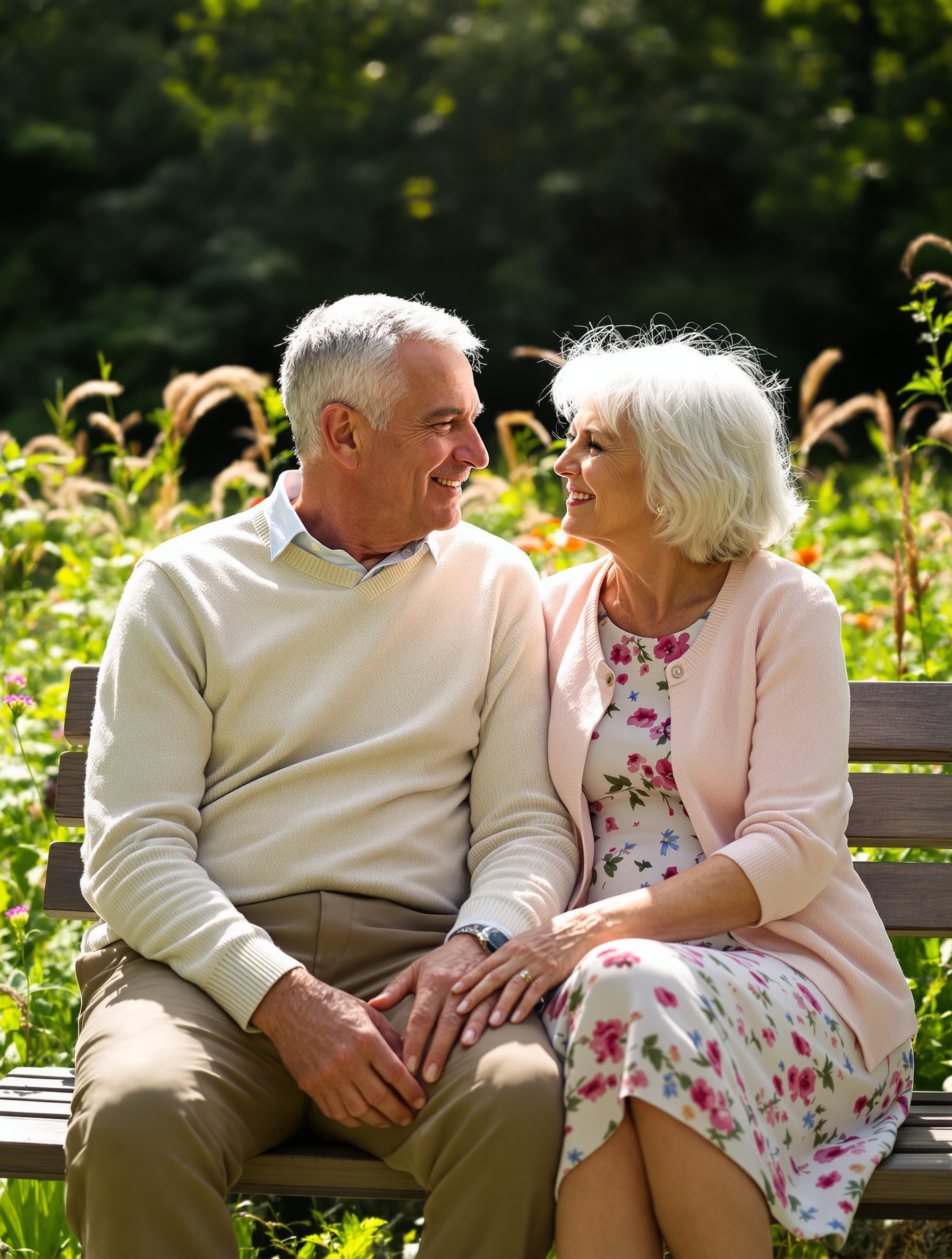 Couple senior discutant avec douceur sur un banc