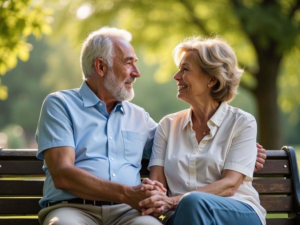 Un couple senior complice sur un banc illustre le lien émotionnel malgré les tabous.