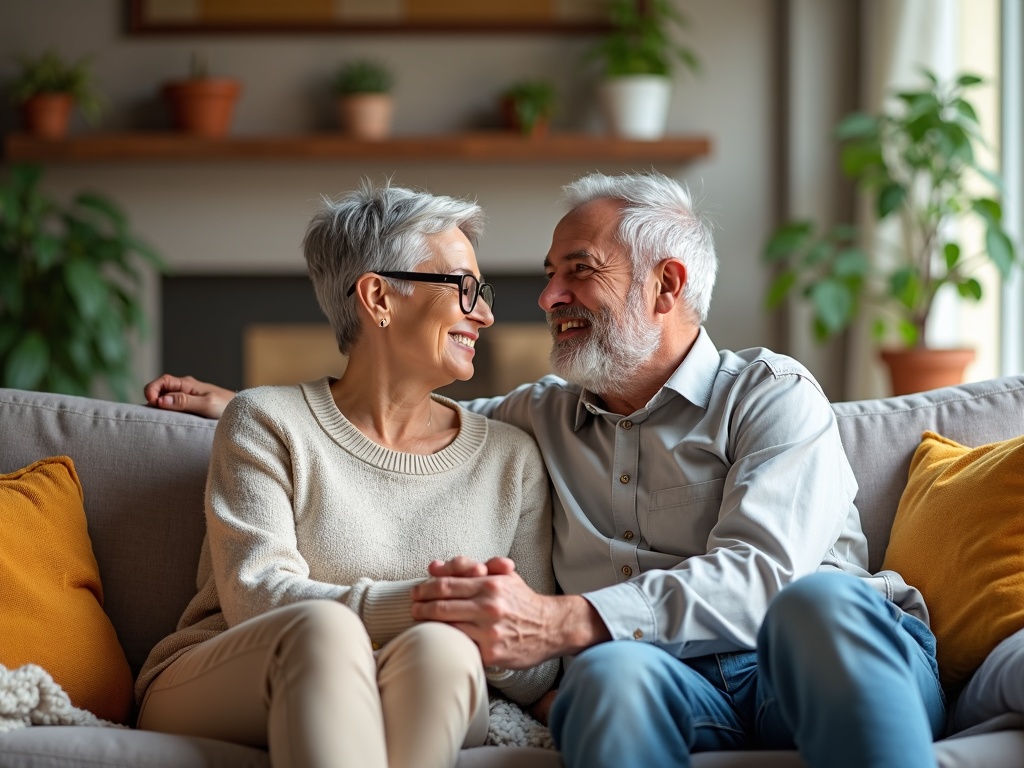 Un couple senior complice partage un moment tendre sur leur canapé