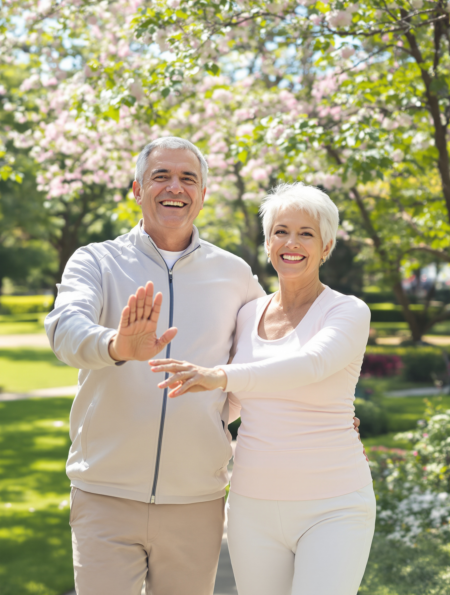 Couple de seniors souriants pratiquant une activité douce en plein air, ambiance de vitalité