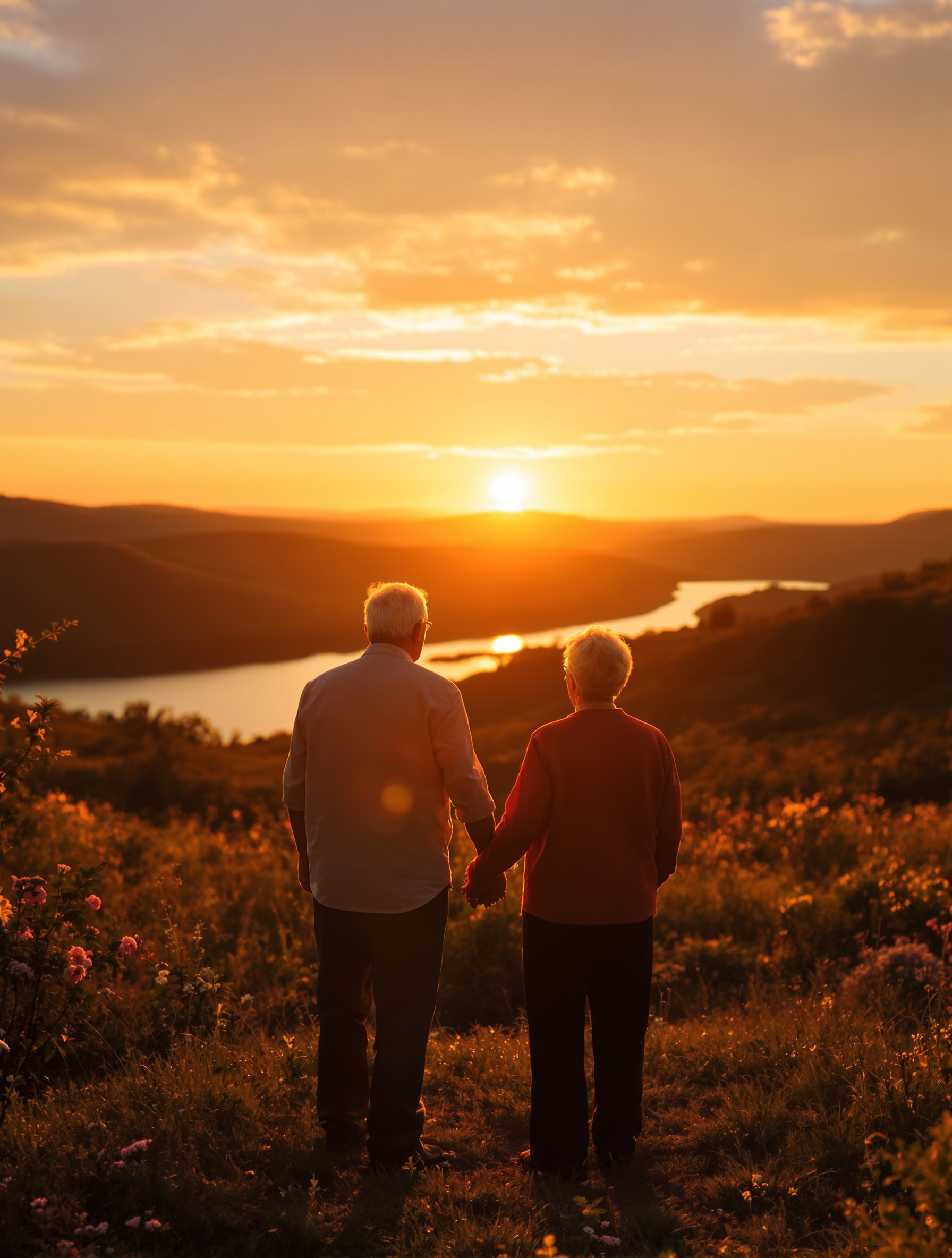 Couple senior se tenant la main, intimité paisible