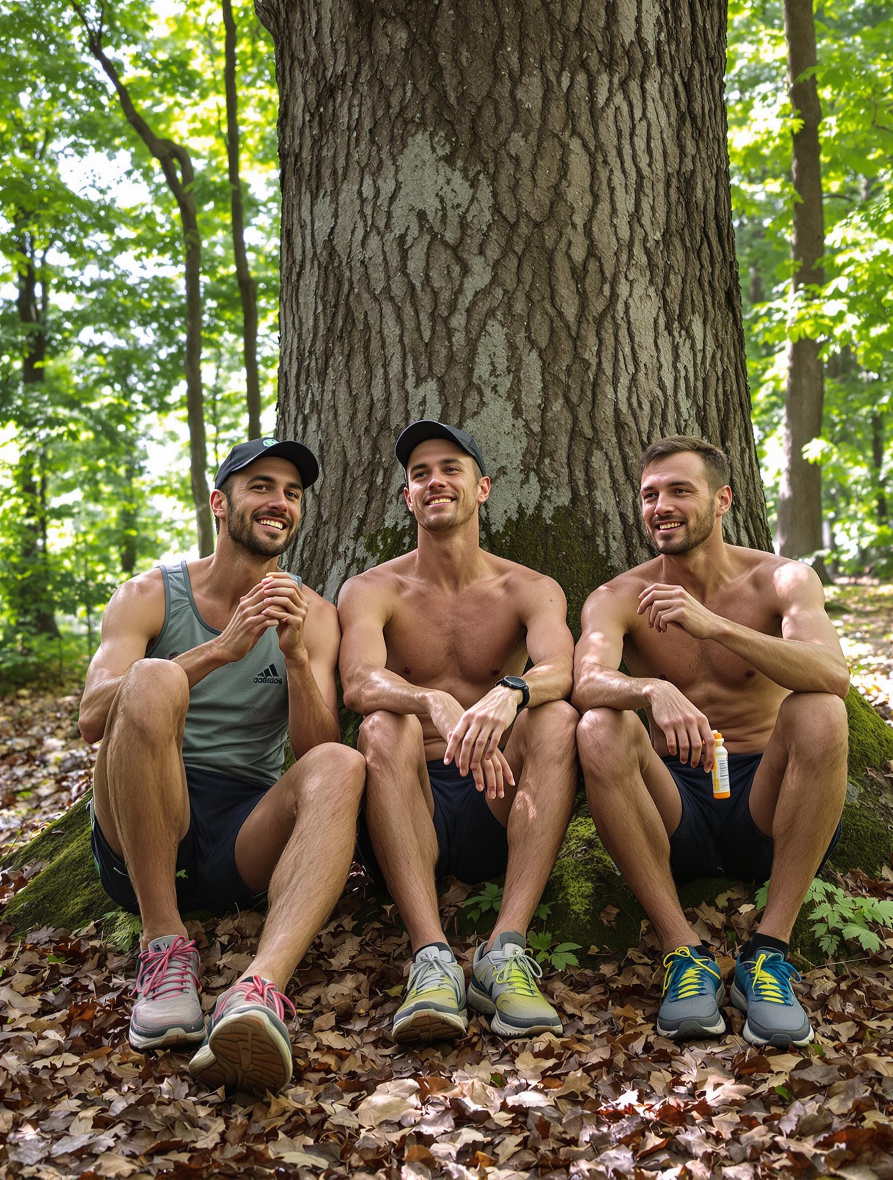 Trois coureurs en forêt utilisant Arnica Montana après un traumatisme