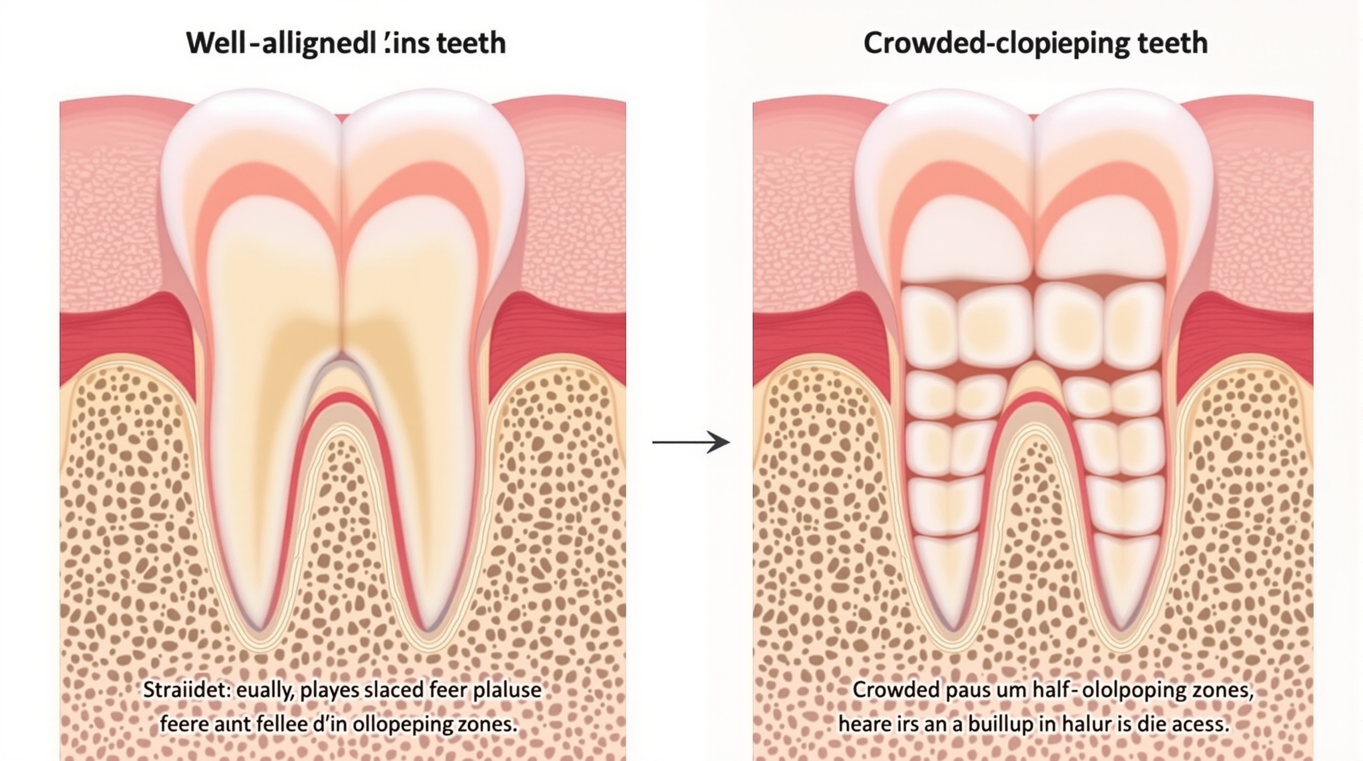 Comparaison entre nettoyage des dents alignées et chevauchées – accumulation moindre de plaque sur les dents alignées.