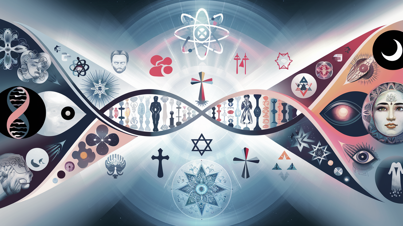 illustration diversité croyances entité supérieure, symboles religieux, scientifiques et psychologiques réunis