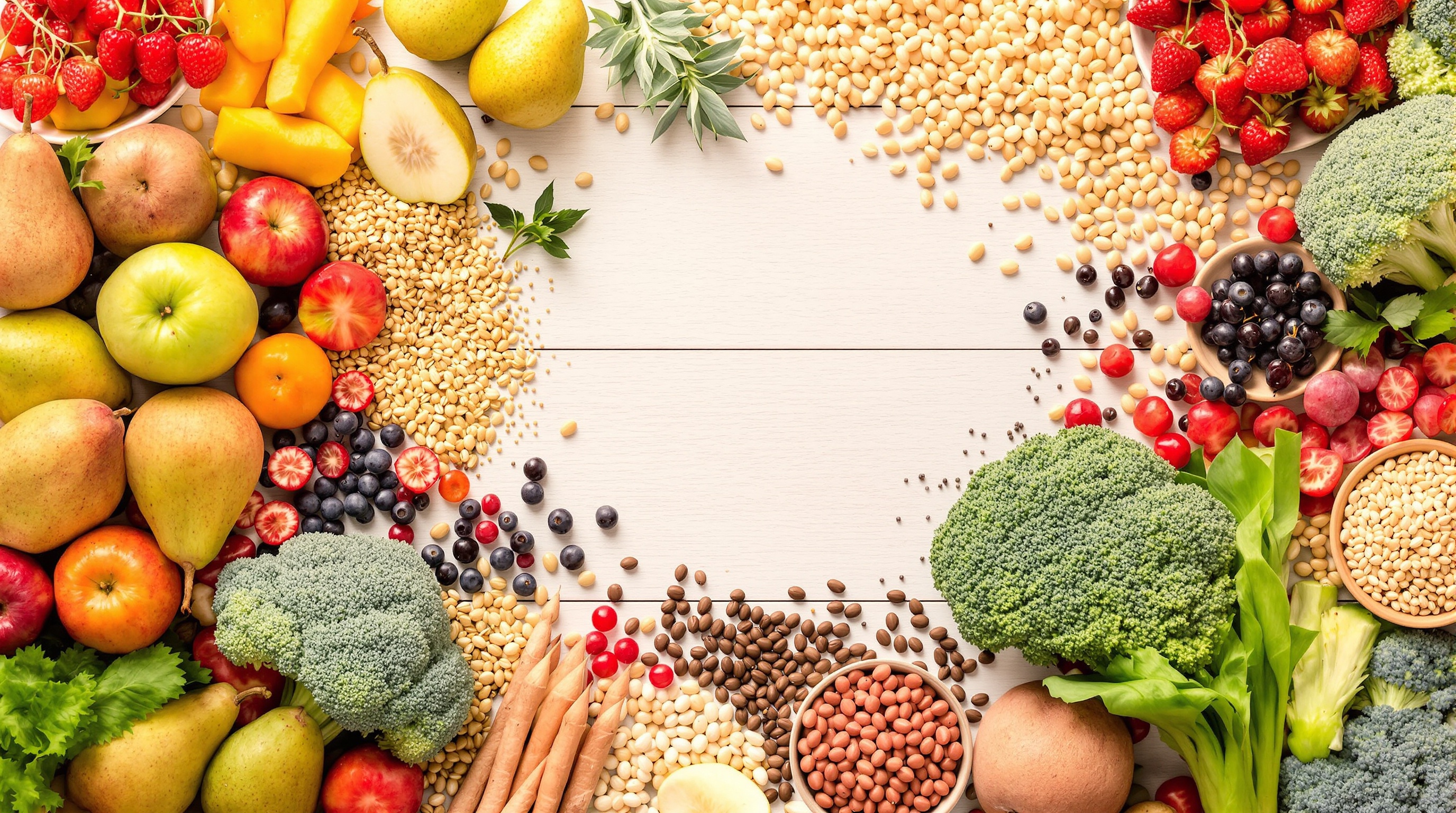 Fruits, légumes, graines de chia, céréales complètes : sources variées de fibres pour le transit intestinal.