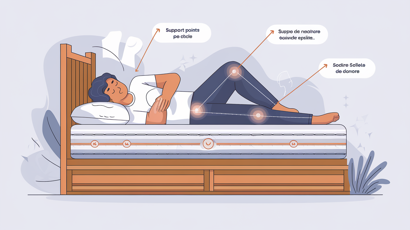 Personne dormant sur le côté avec coussin entre les genoux pour alignement lombaire optimal et soutien cervical