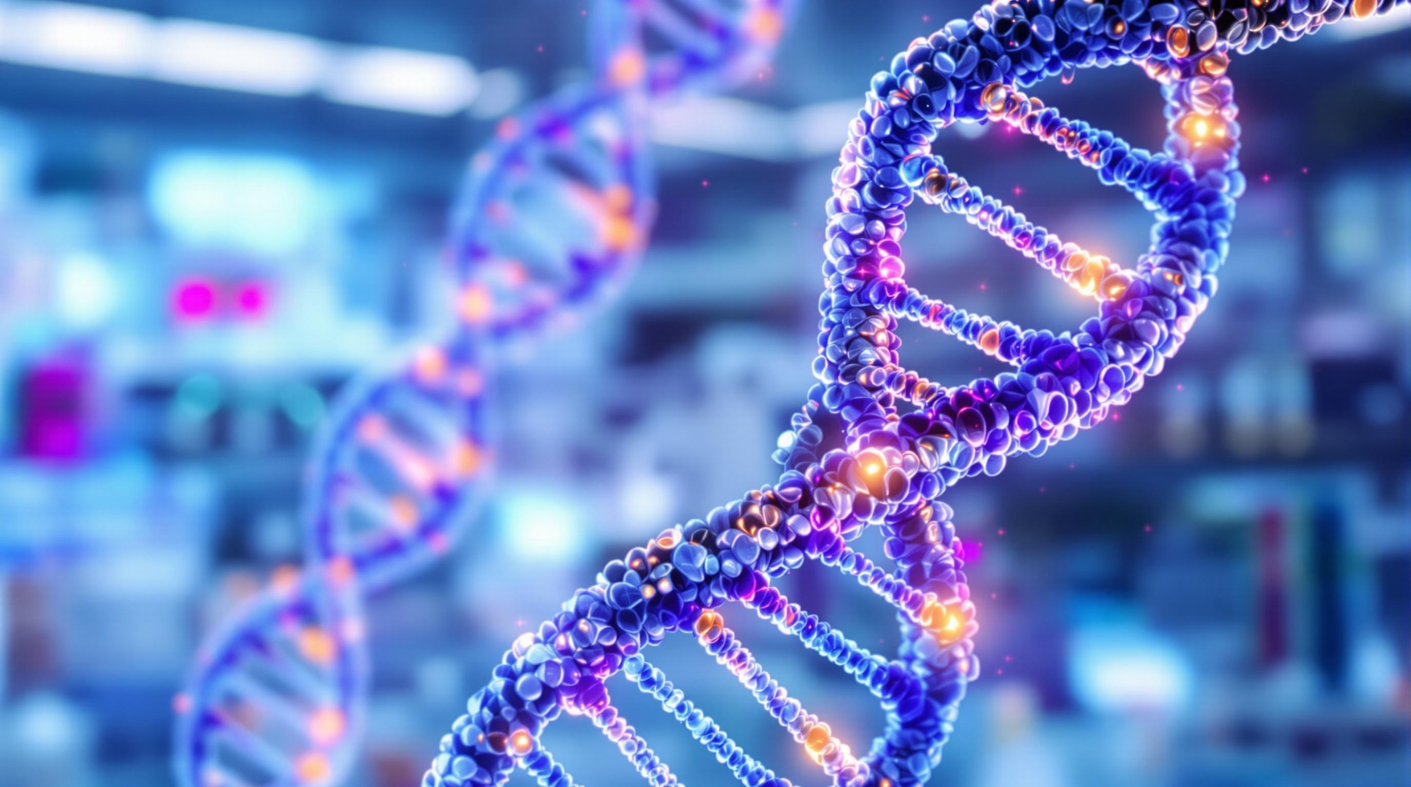 Double hélice d’ADN exposée aux UV, montrant les dimères de pyrimidine formés après une exposition aux UVB