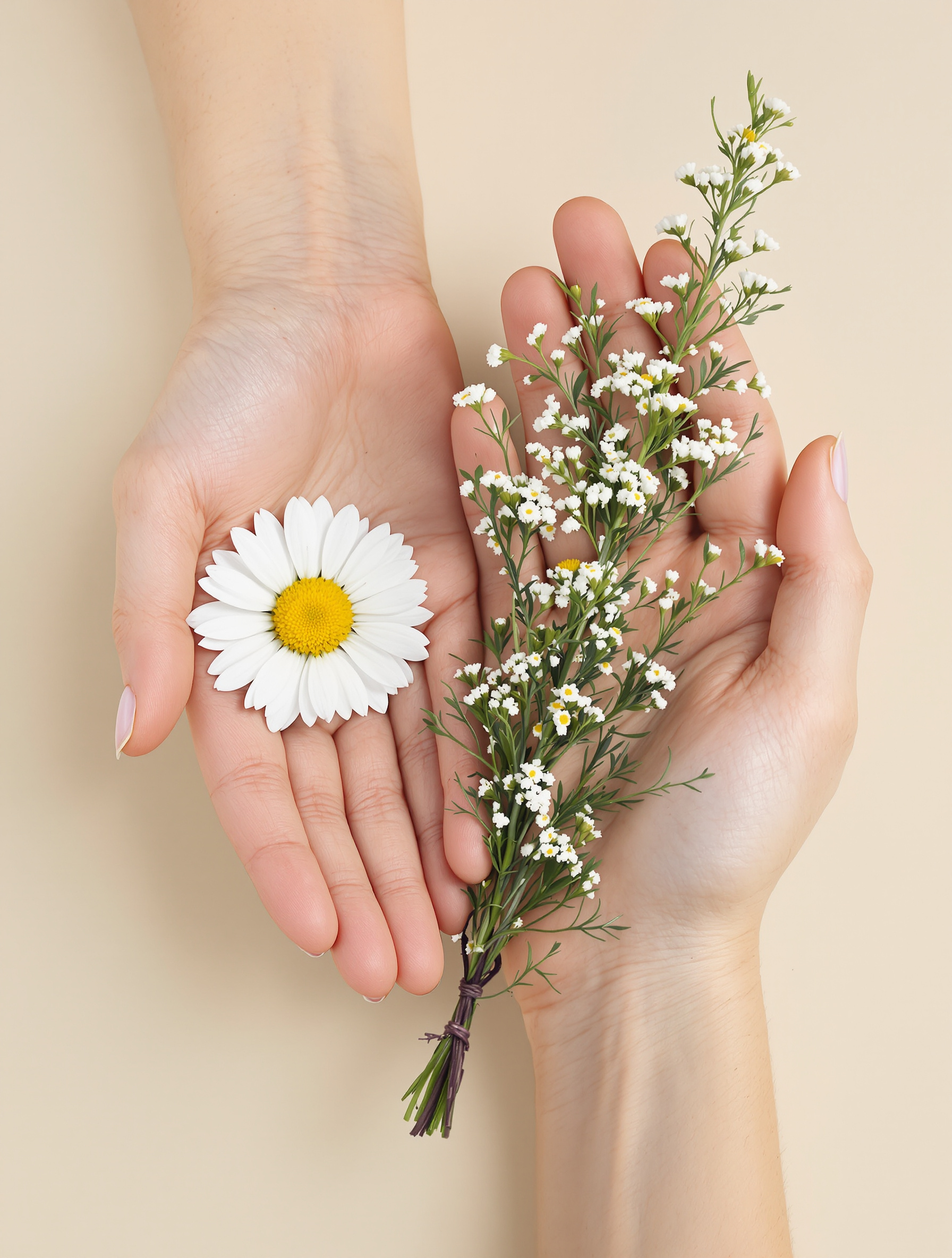 Deux mains : l'une tient une camomille médicinale, l'autre une plante toxique – illustrant que naturel ne veut pas dire sans danger.