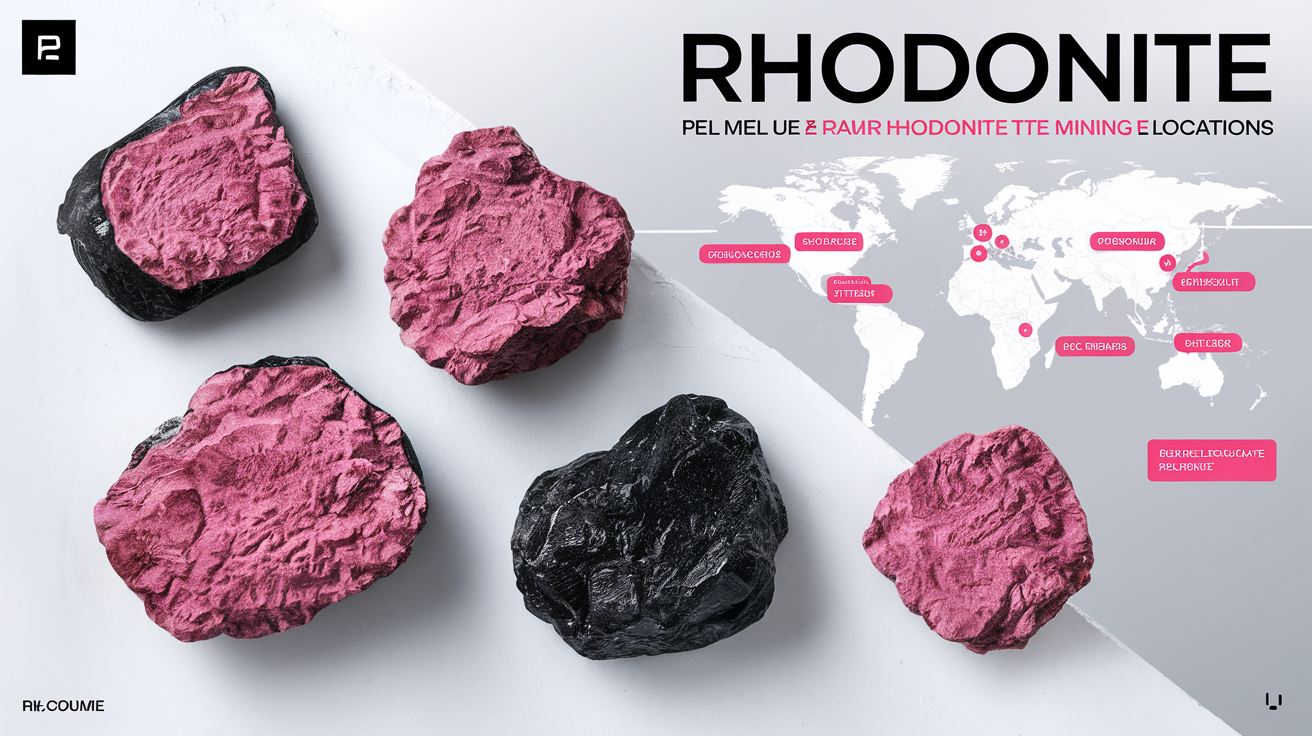 Échantillons de Rhodonite brute et leurs localisations mondiales.